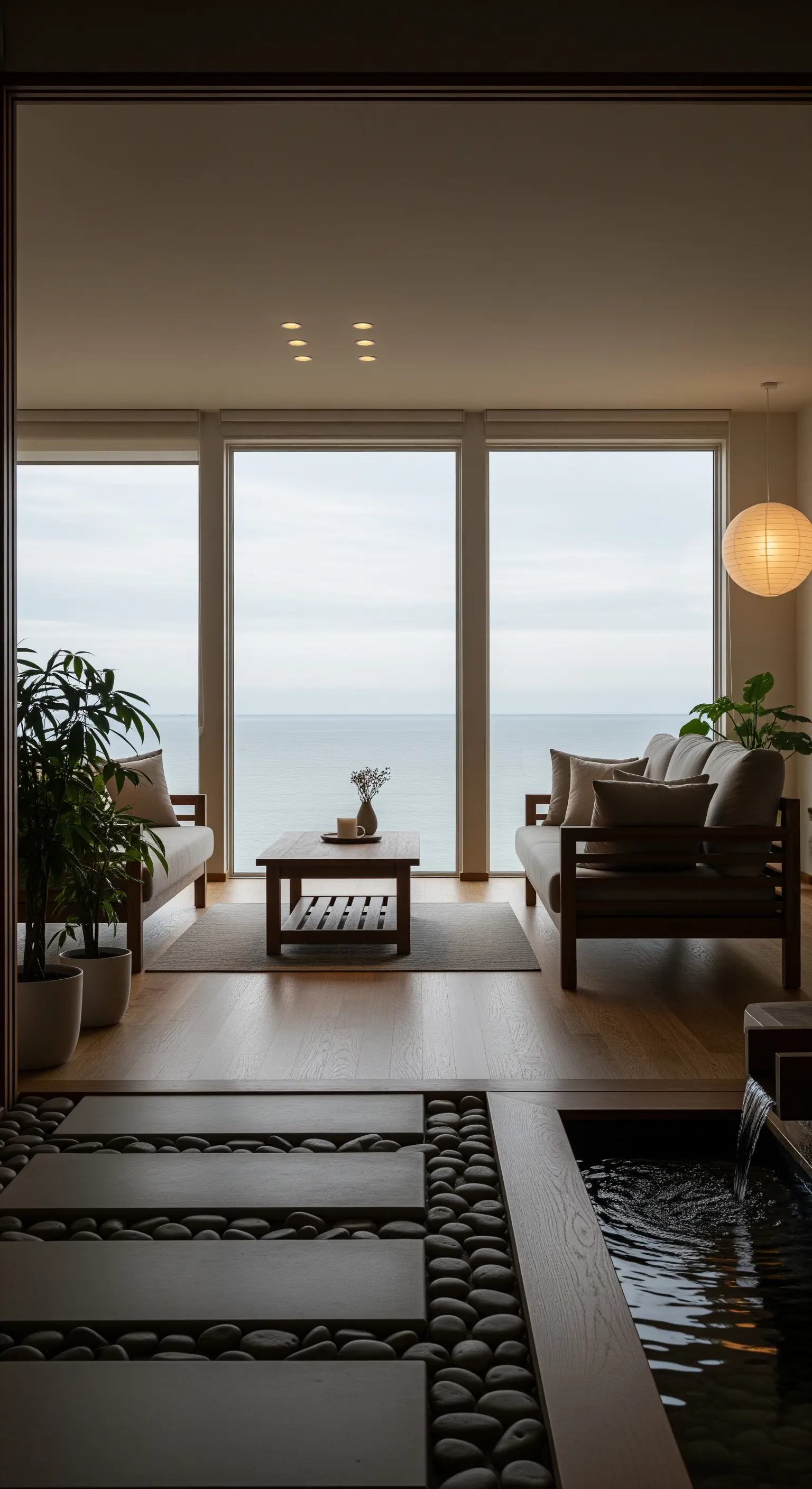 Zen Wohnzimmer, Meerblick, japanische Möbel, Indoor-Wasserfall, minimalistisch