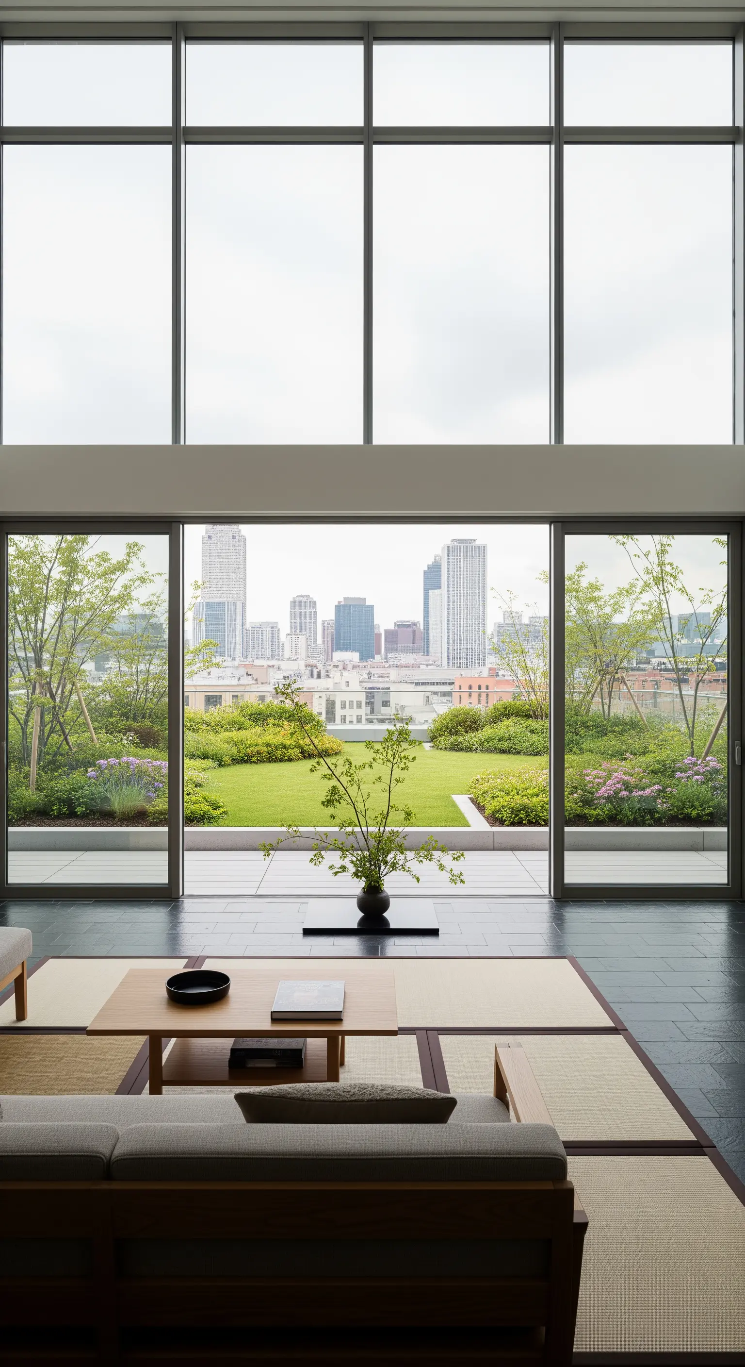 Japanisch inspiriertes Wohnzimmer mit Blick auf einen Dachgarten in der Stadt