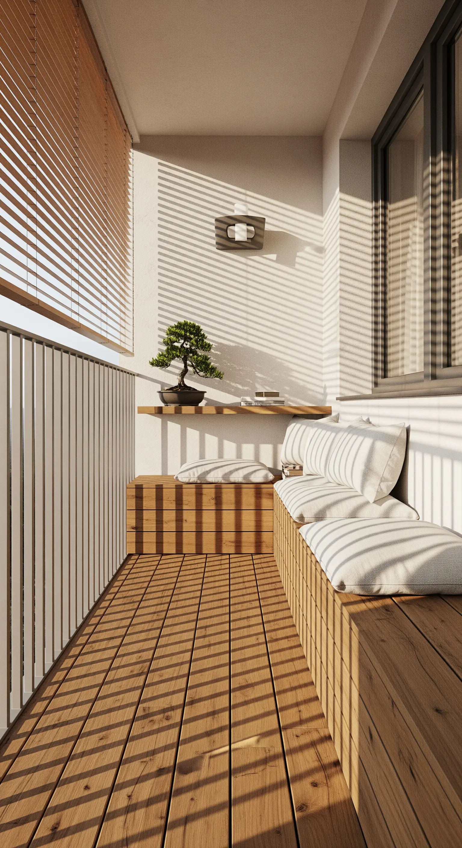 Minimalistischer Holzbalkon mit Bonsai und Schattenwurf durch Jalousien