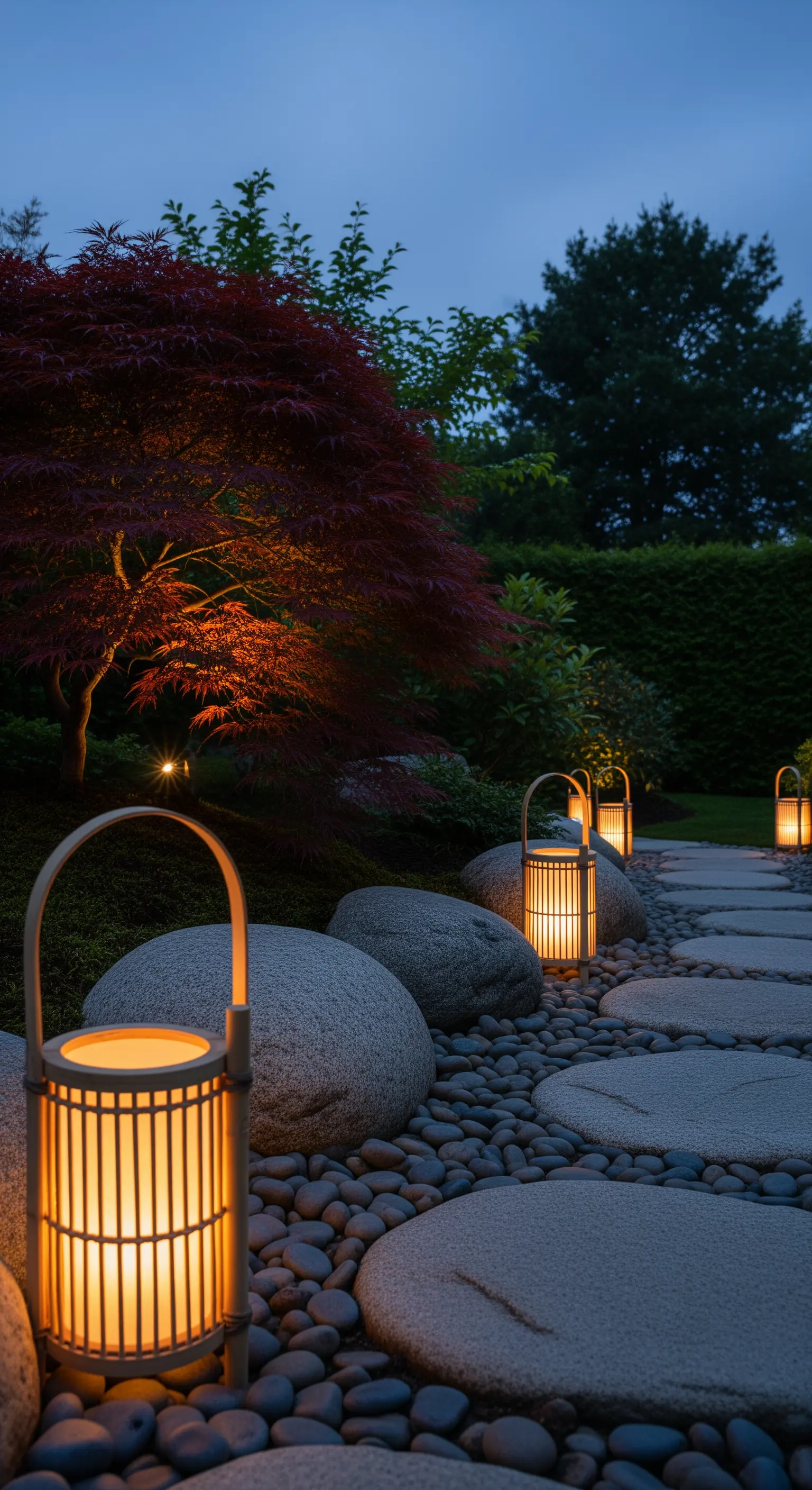 Ein Weg aus Trittsteinen, gesäumt von traditionellen Bambuslaternen.