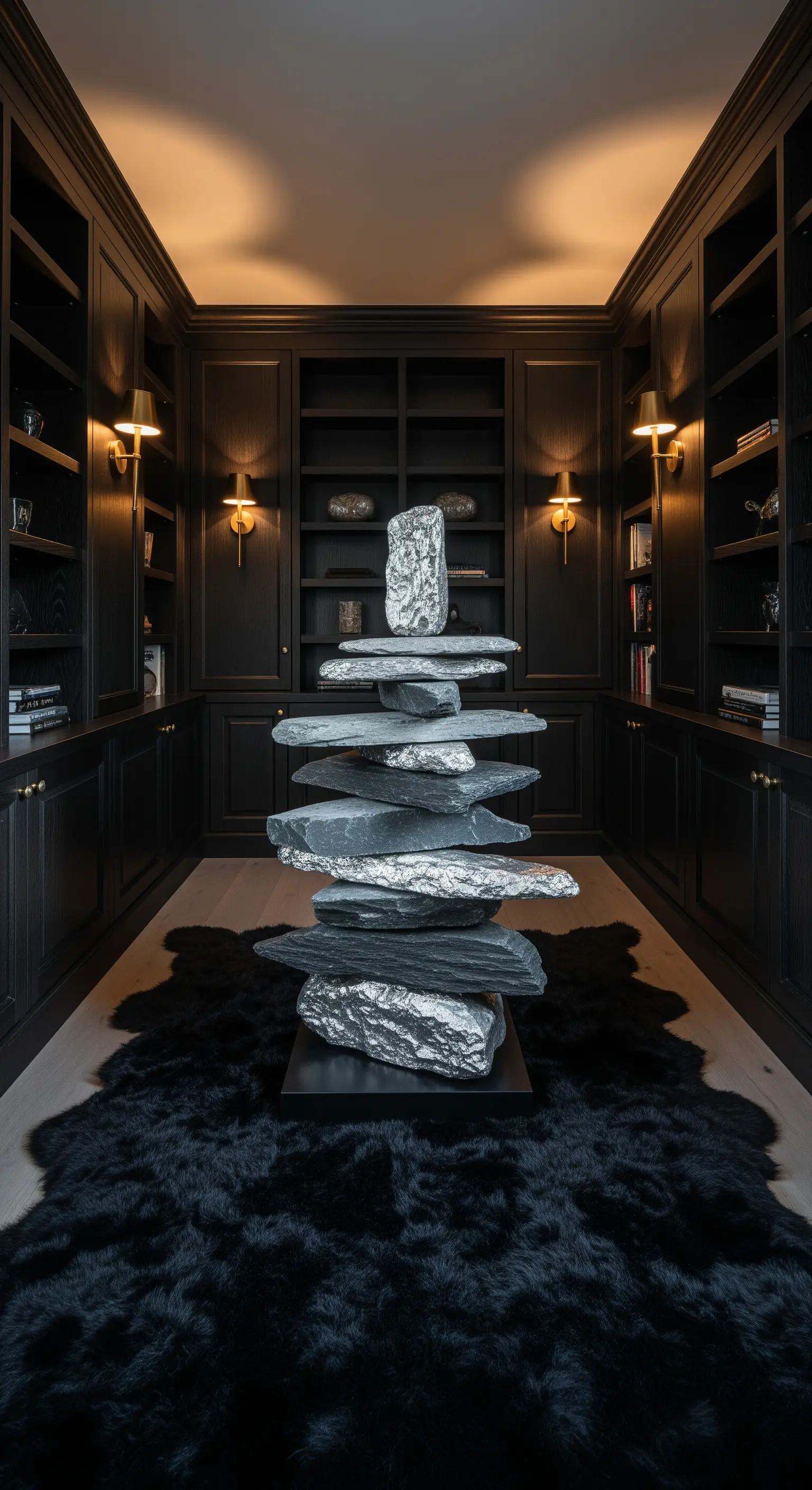 Gestapelte Steinskulptur auf schwarzem Schaffellteppich in dunkler Bibliothek.