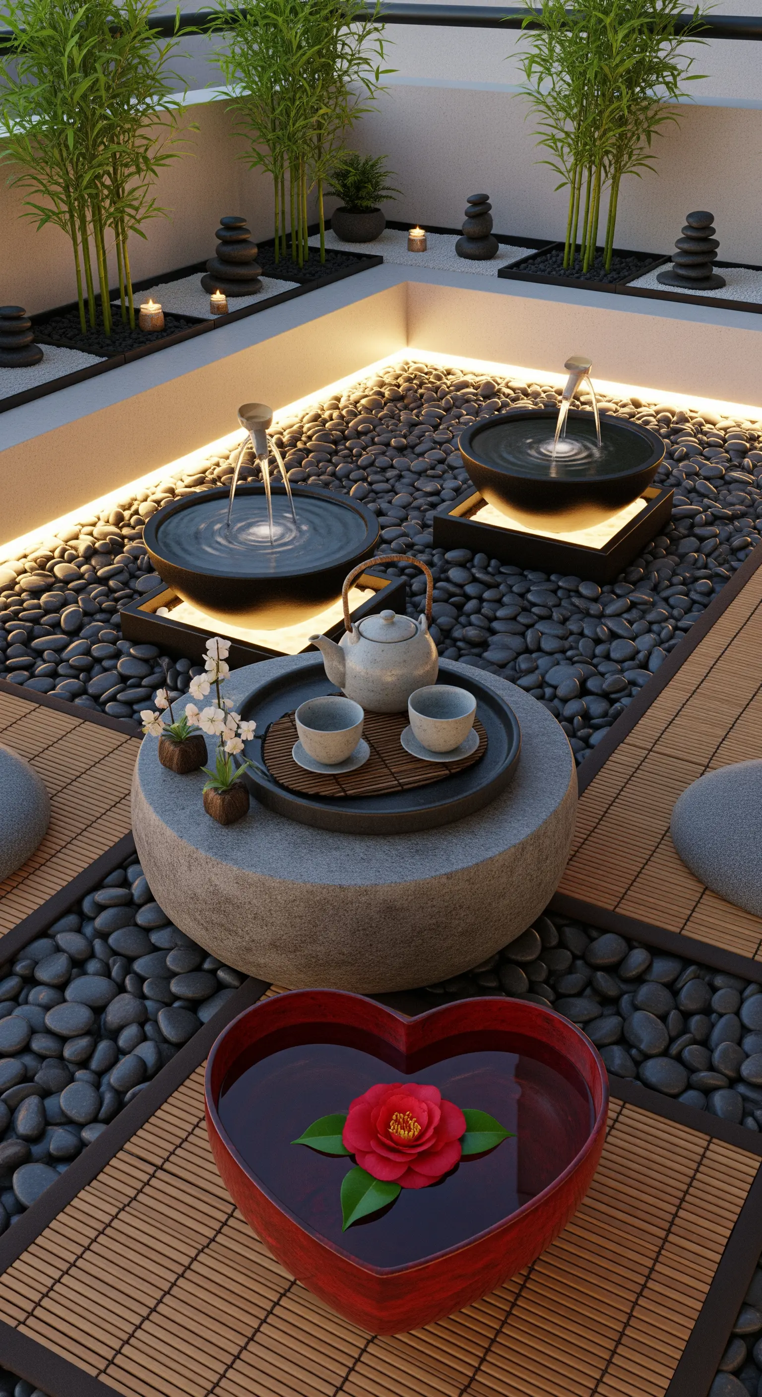 Zen-Balkon mit Kieselsteinen, Bambus, Wasserspielen, Teetisch und Herz-Blumenschale.