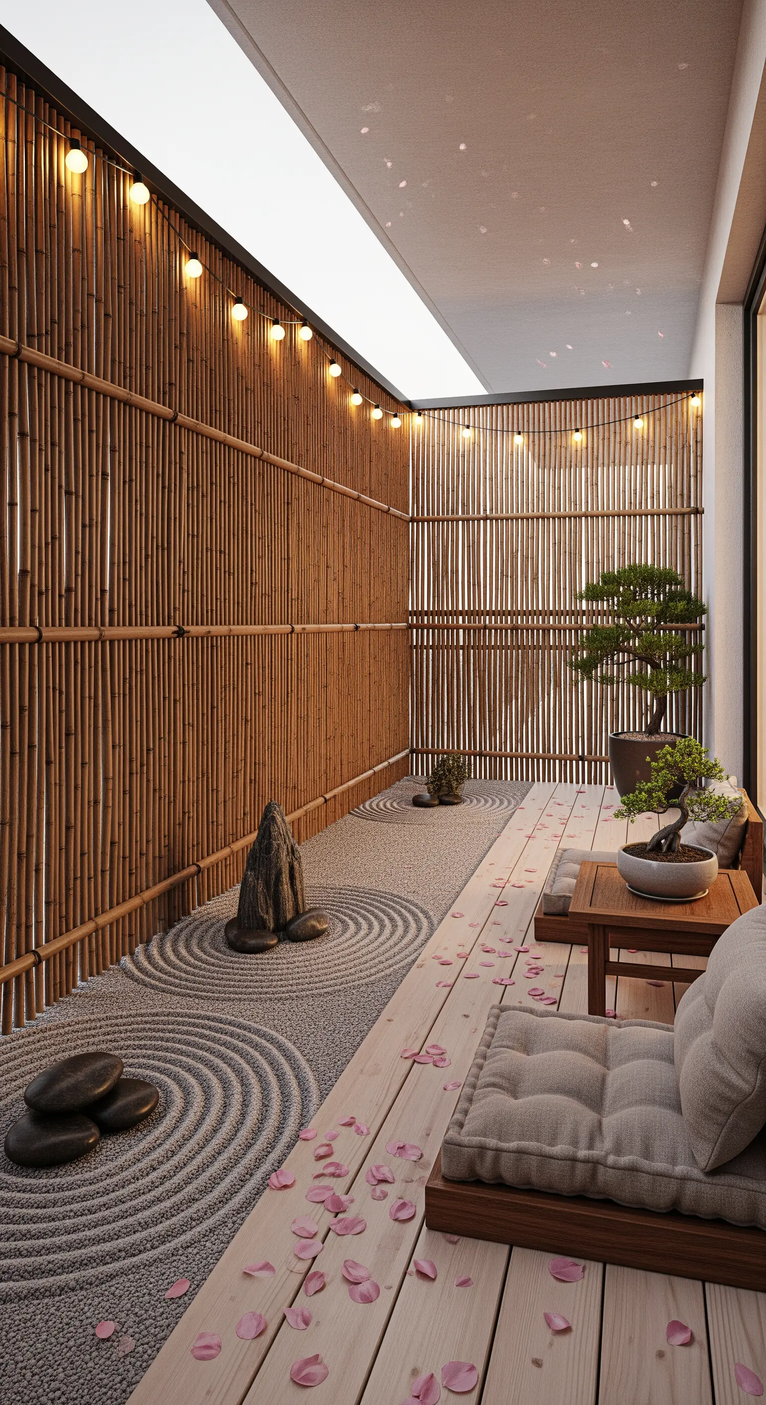 Japandi Balkon, Bambuswand, Zen Garten, Bonsai, Lichterkette, minimalistisch