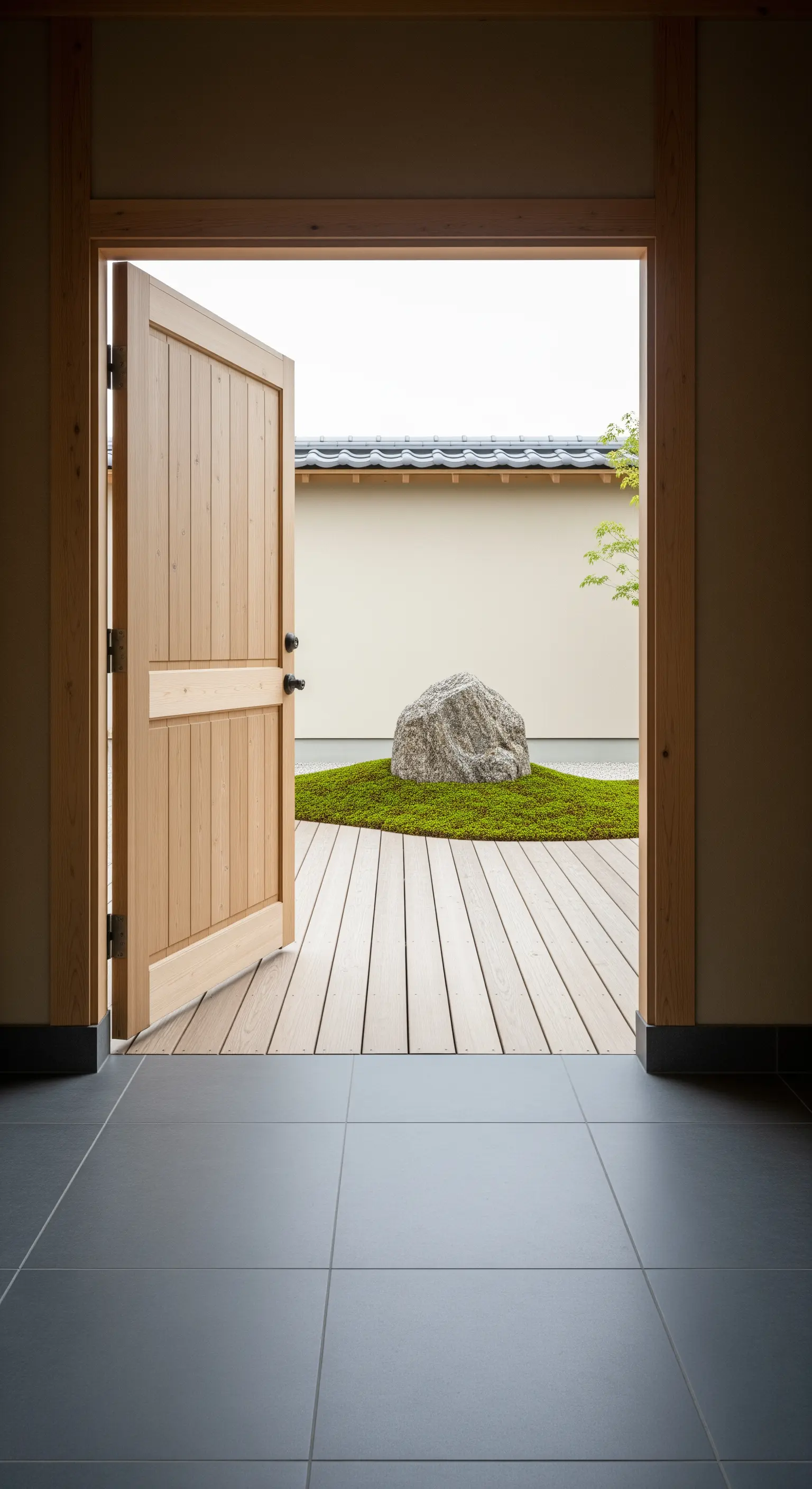 Blick durch Holztür auf Japandi Garten mit Stein und Moos