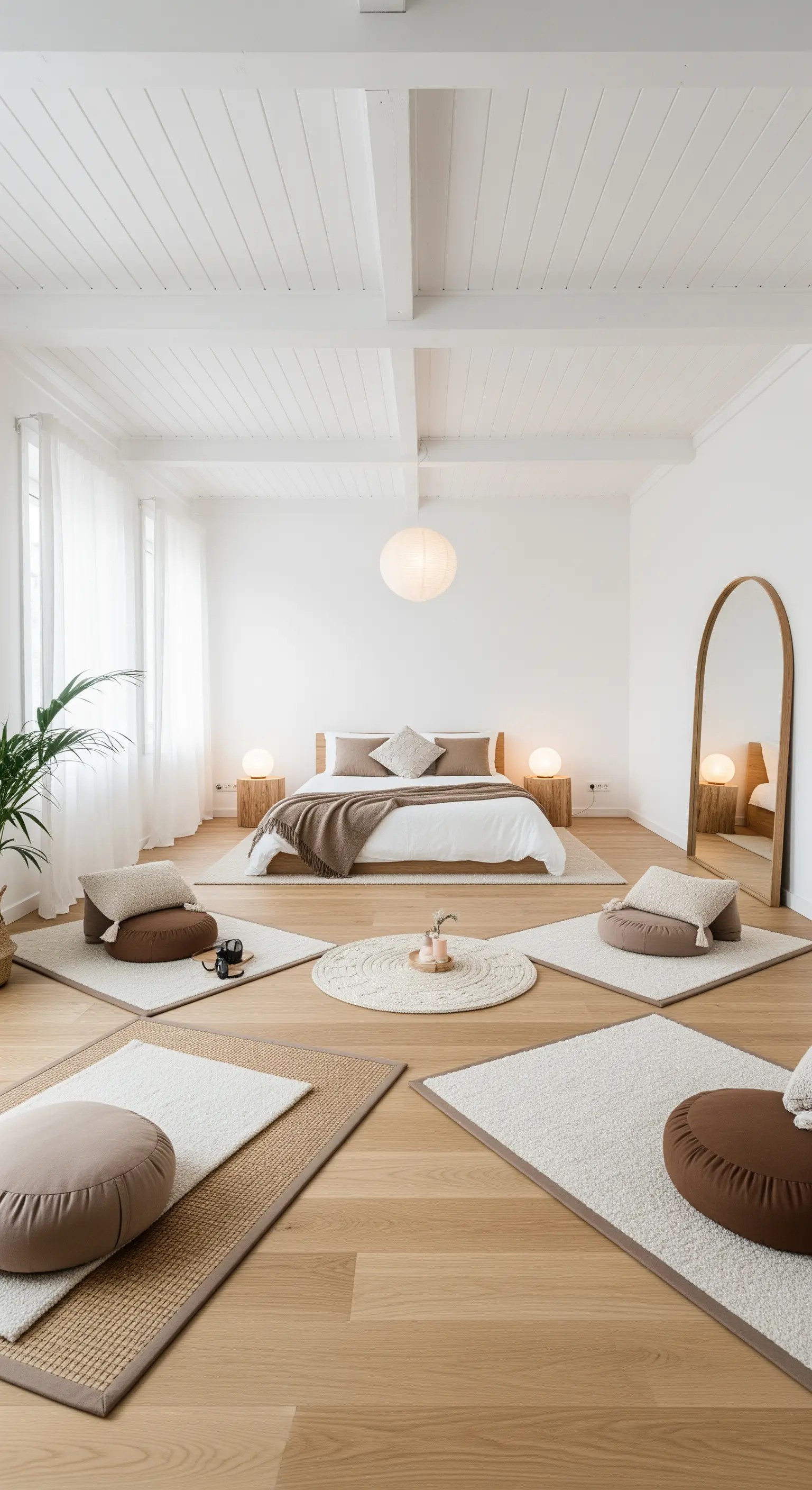 Minimalistisches weißes Zimmer mit Bodenmatten, Sitzkissen und großem Bogen-Spiegel
