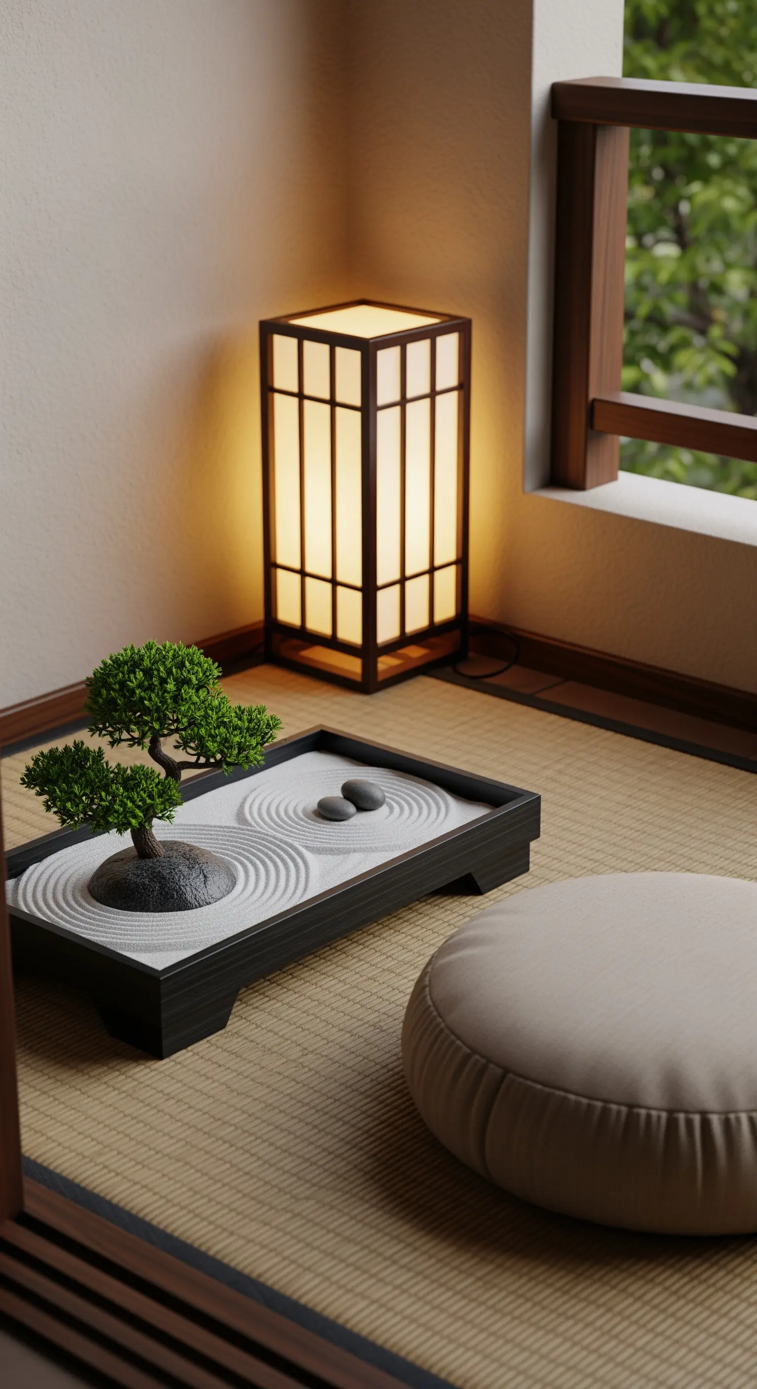 Zen-Garten mit Bonsai, Bodenkissen und japanischer Laterne auf Tatami-Matte
