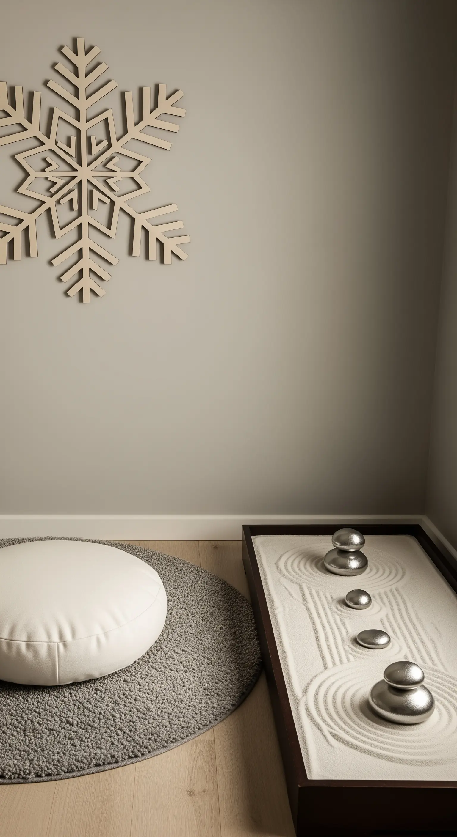Zen-Ecke mit großer Holz-Schneeflocke an der Wand, Bodenkissen und Zen-Garten mit Steinen