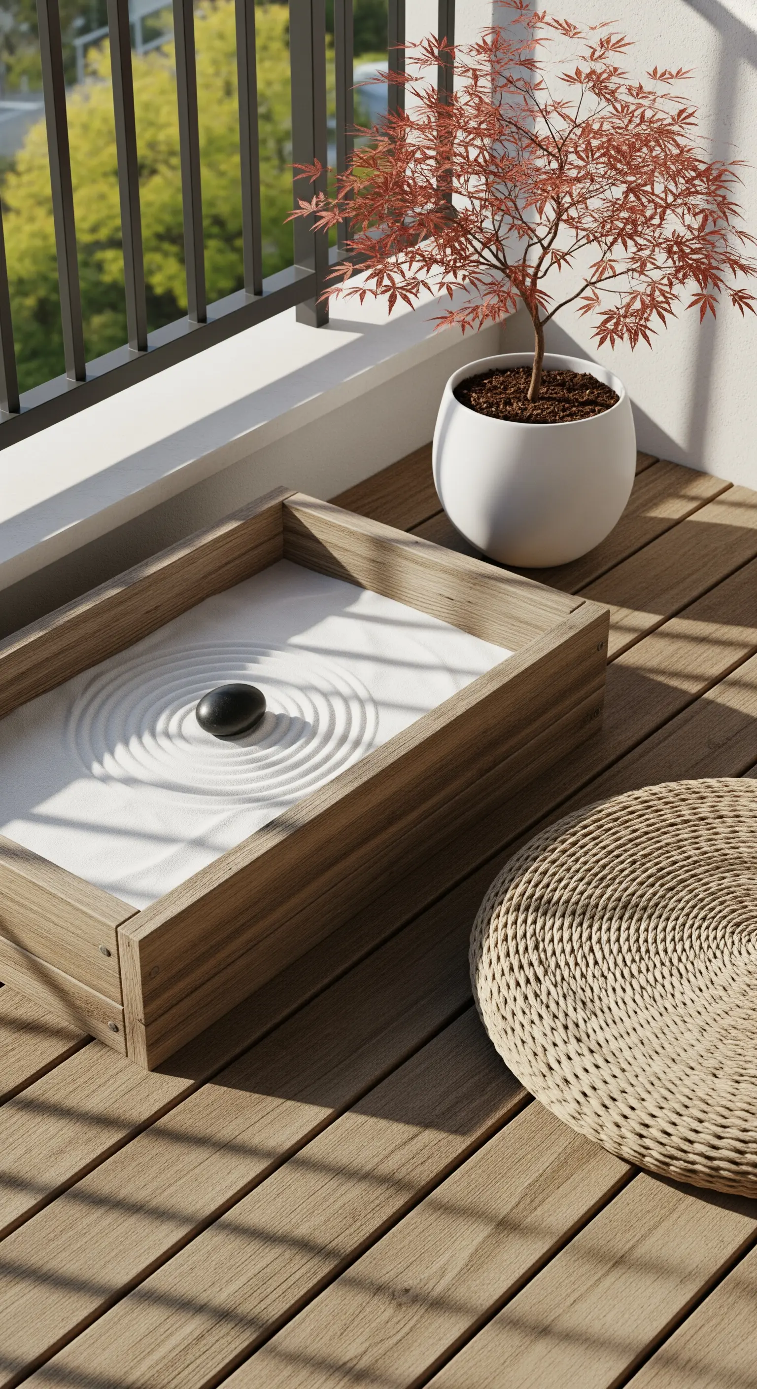 Mini-Zen-Garten in einer Holzkiste auf einem Holzbalkon.