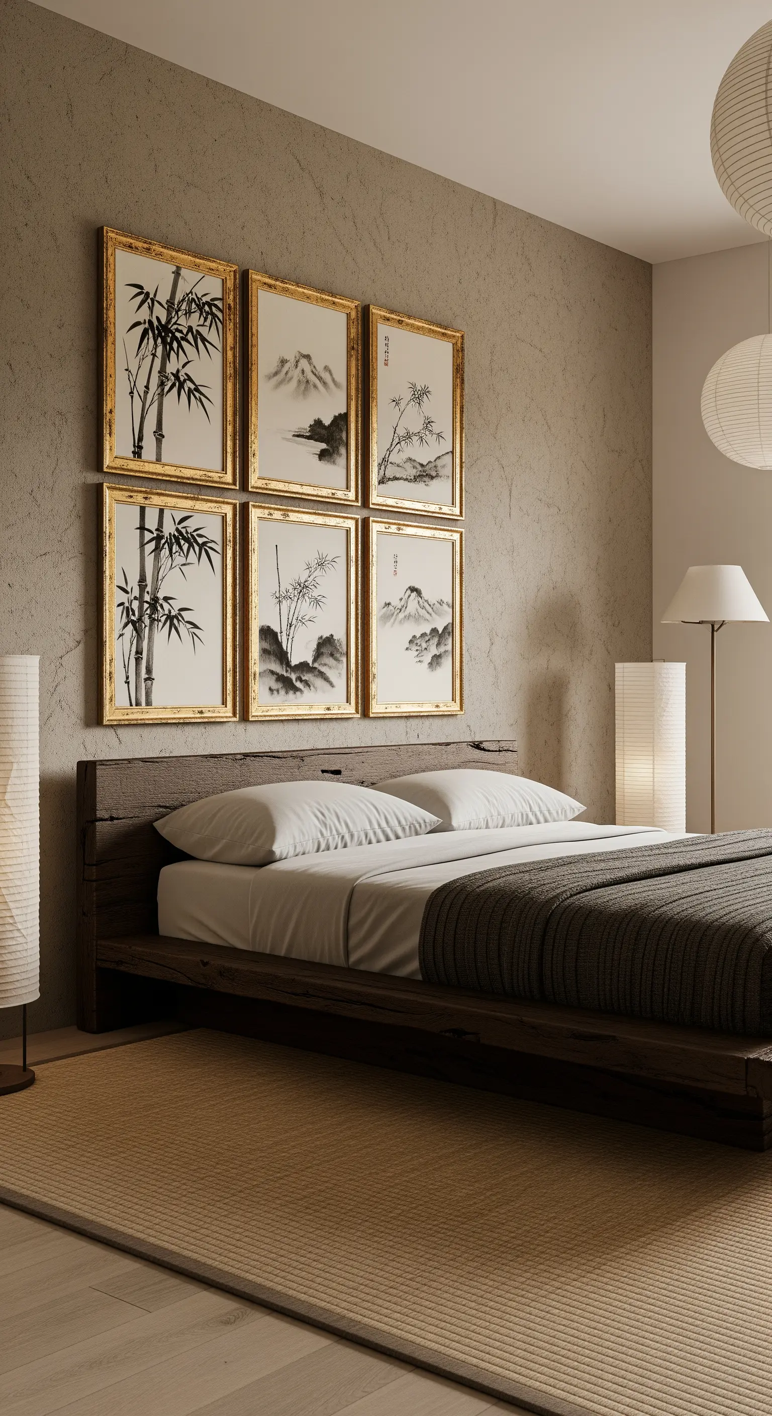 Japandi-Schlafzimmer mit sechs Tuschezeichnungen in Goldrahmen über einem Holzbett.