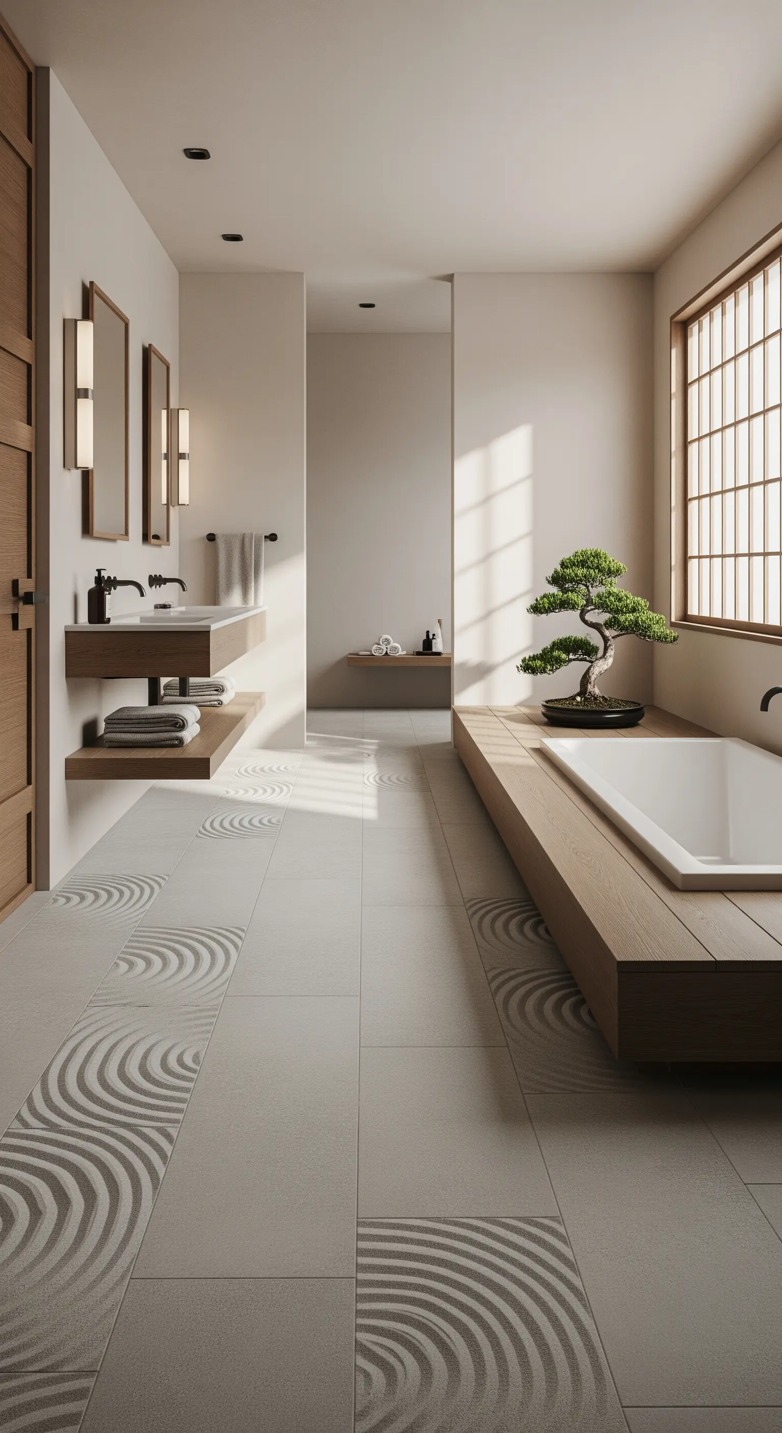 Badezimmer im Japandi-Stil mit Bodenfliesen, die geharkten Sand imitieren.