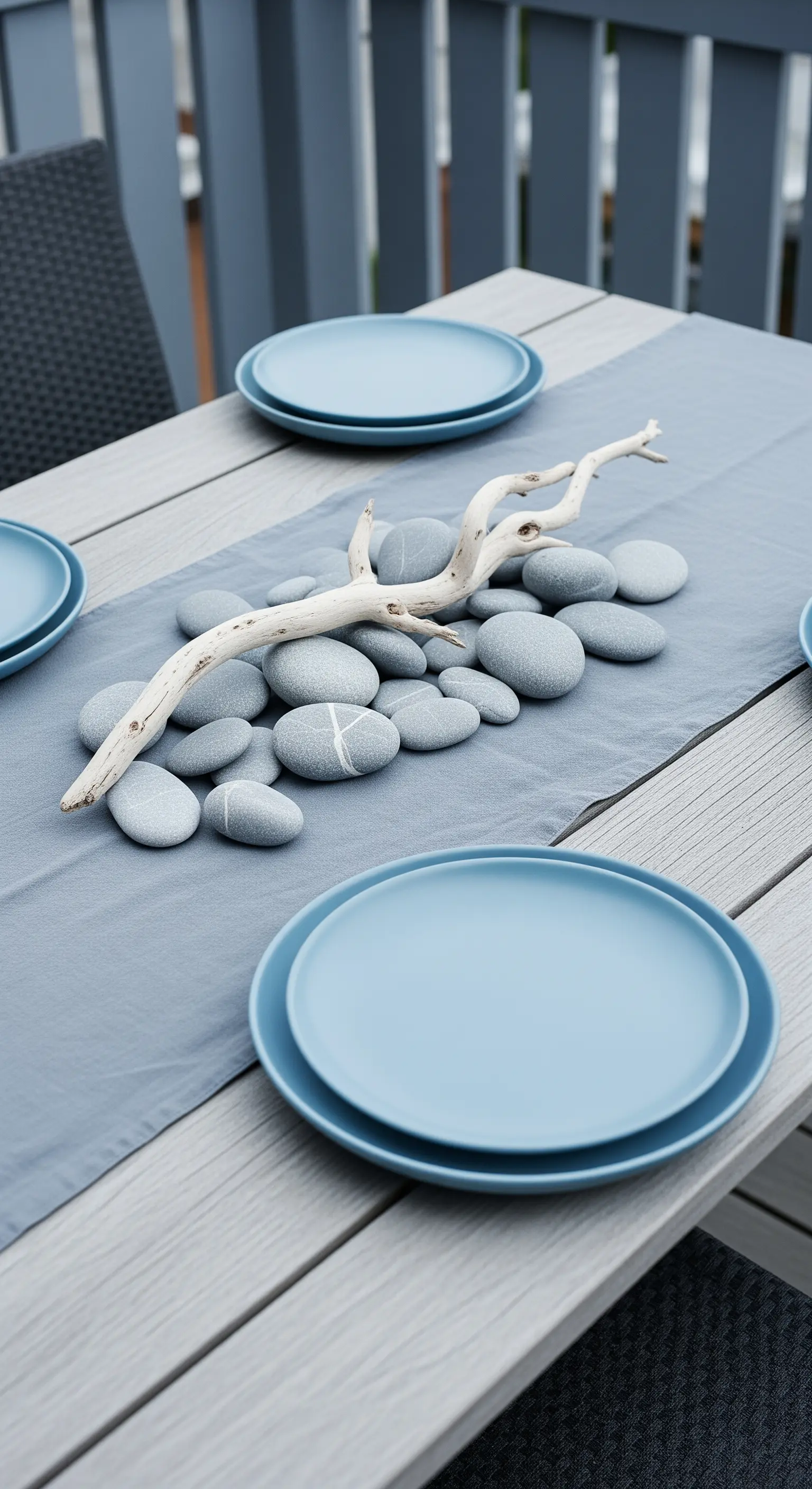 Minimalistische Tischdeko mit grauen Kieselsteinen und einem Stück Treibholz auf grauem Läufer.