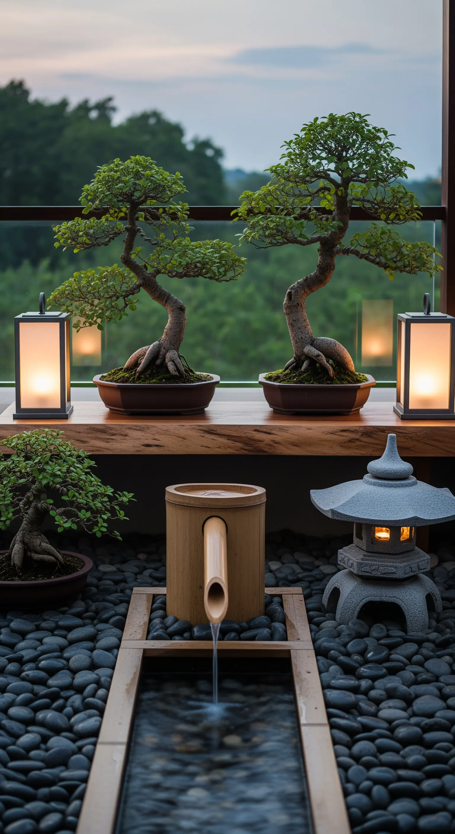 Zen-Garten auf dem Balkon mit Bonsai, Wasserspiel und Steinlaternen