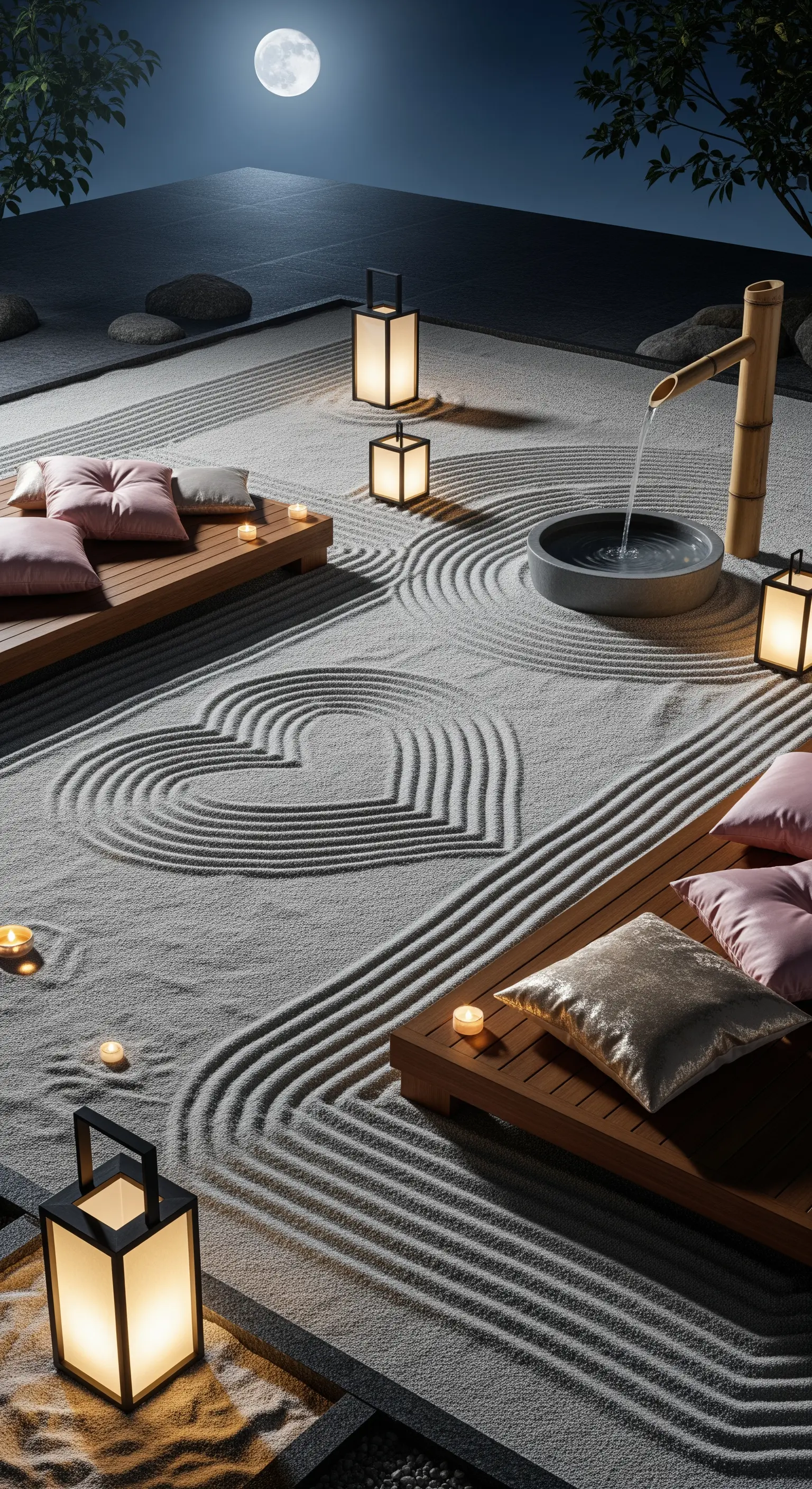 Zen-Garten mit Herzformen im Kies, Holzplattformen, Laternen und Brunnen.