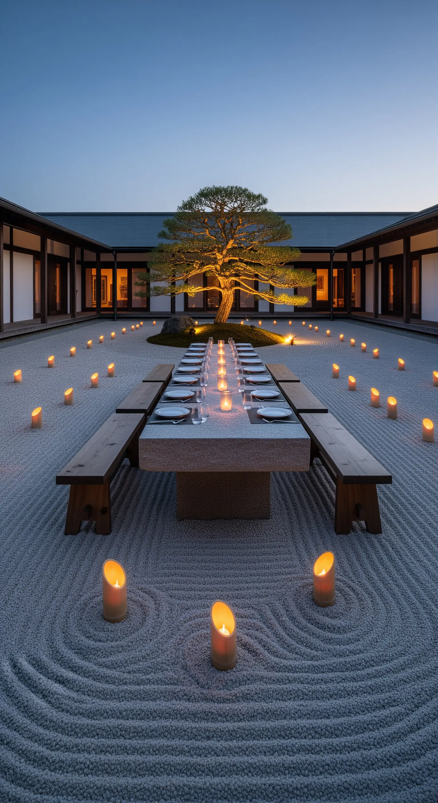 Zen-Garten mit Esstisch, Kerzen und rauen Kiesmustern