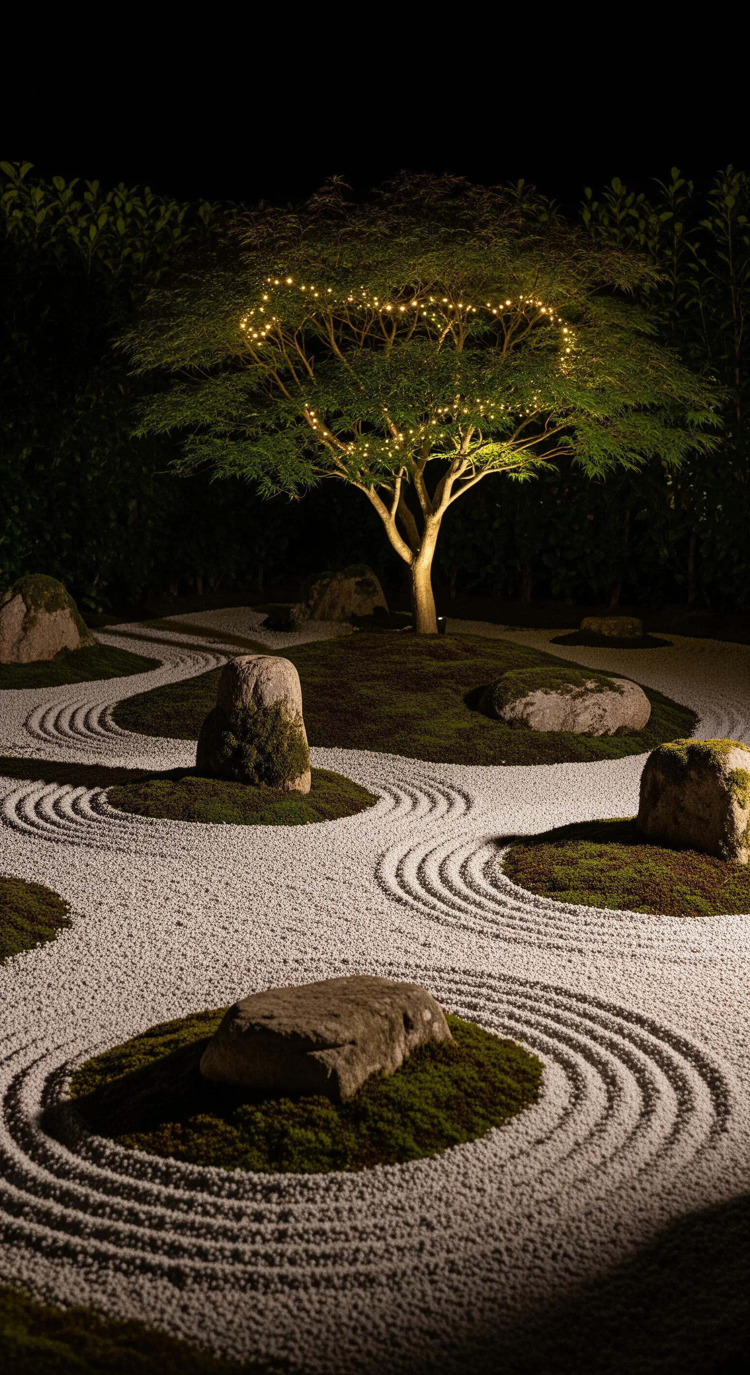 Ein japanischer Fächerahorn in einem Zen-Garten wird von einer dezenten Lichterkette beleuchtet.