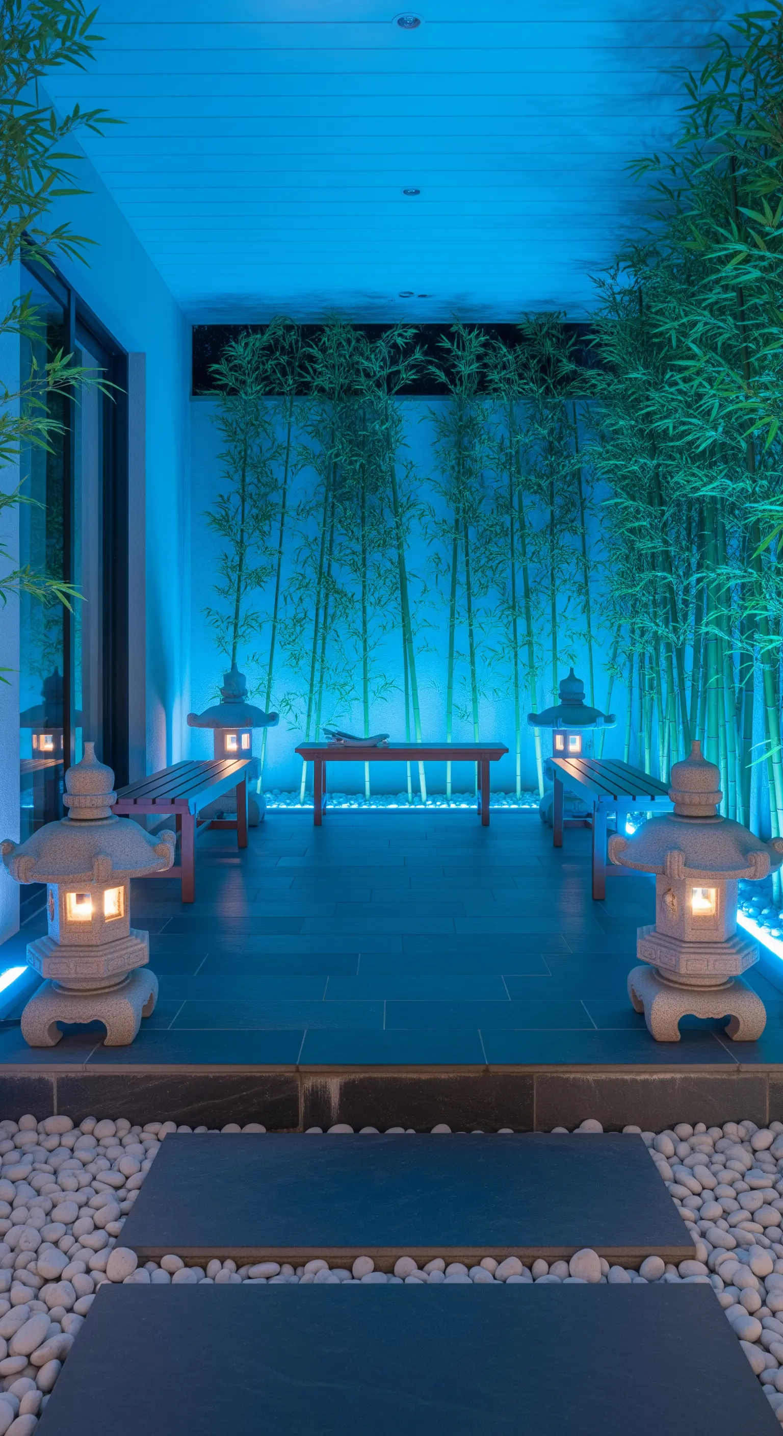 Japandi-Terrasse mit Bambuswand, Steinlaternen und blauer LED-Beleuchtung