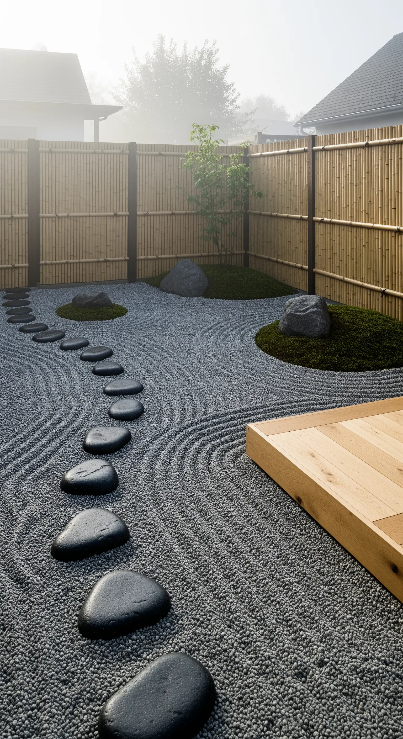 Japandi Zen-Garten mit Kies, Trittsteinen und Moosinseln hinter Bambuszaun