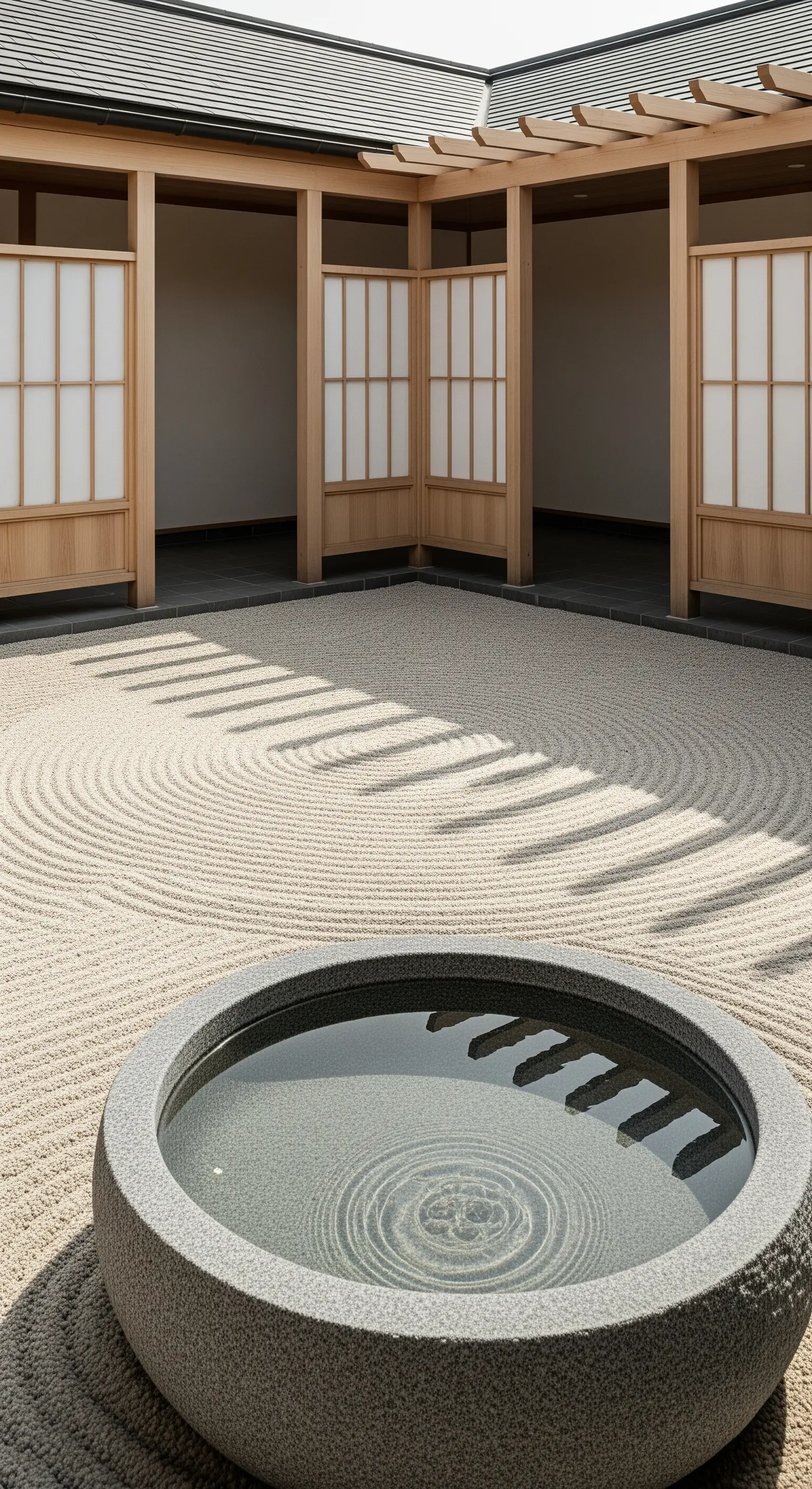 Zen-Garten, rundes Wasserbecken, Shoji-Wände, geharkter Kies