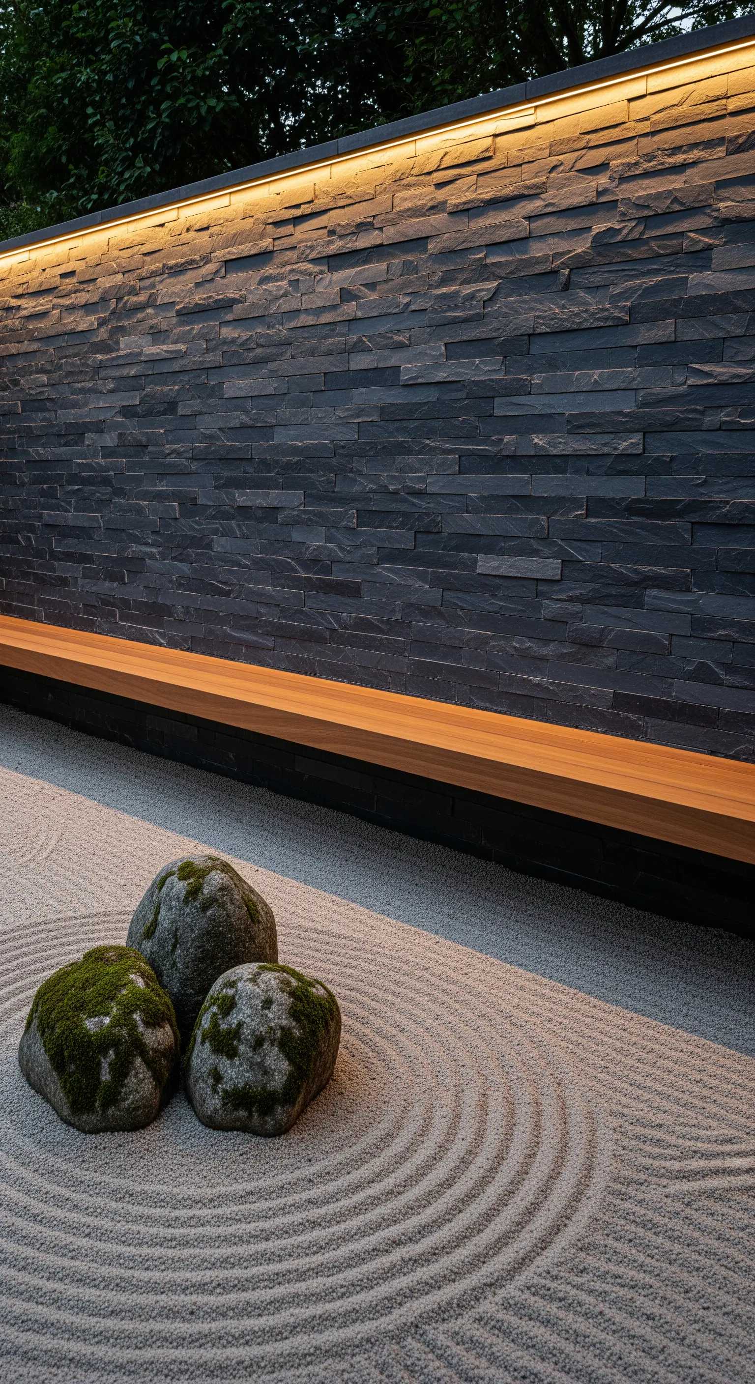 Japandi Zen-Garten mit Sand, Felsen, Holzbank und indirekter Beleuchtung an Schieferwand