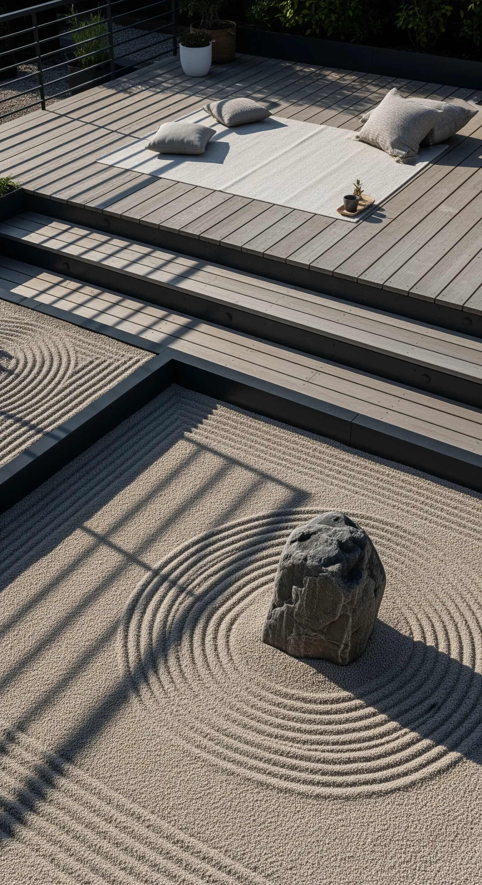 Japandi Zen-Garten mit feinem Sand, Harke-Mustern, großem Stein und Holzdeck