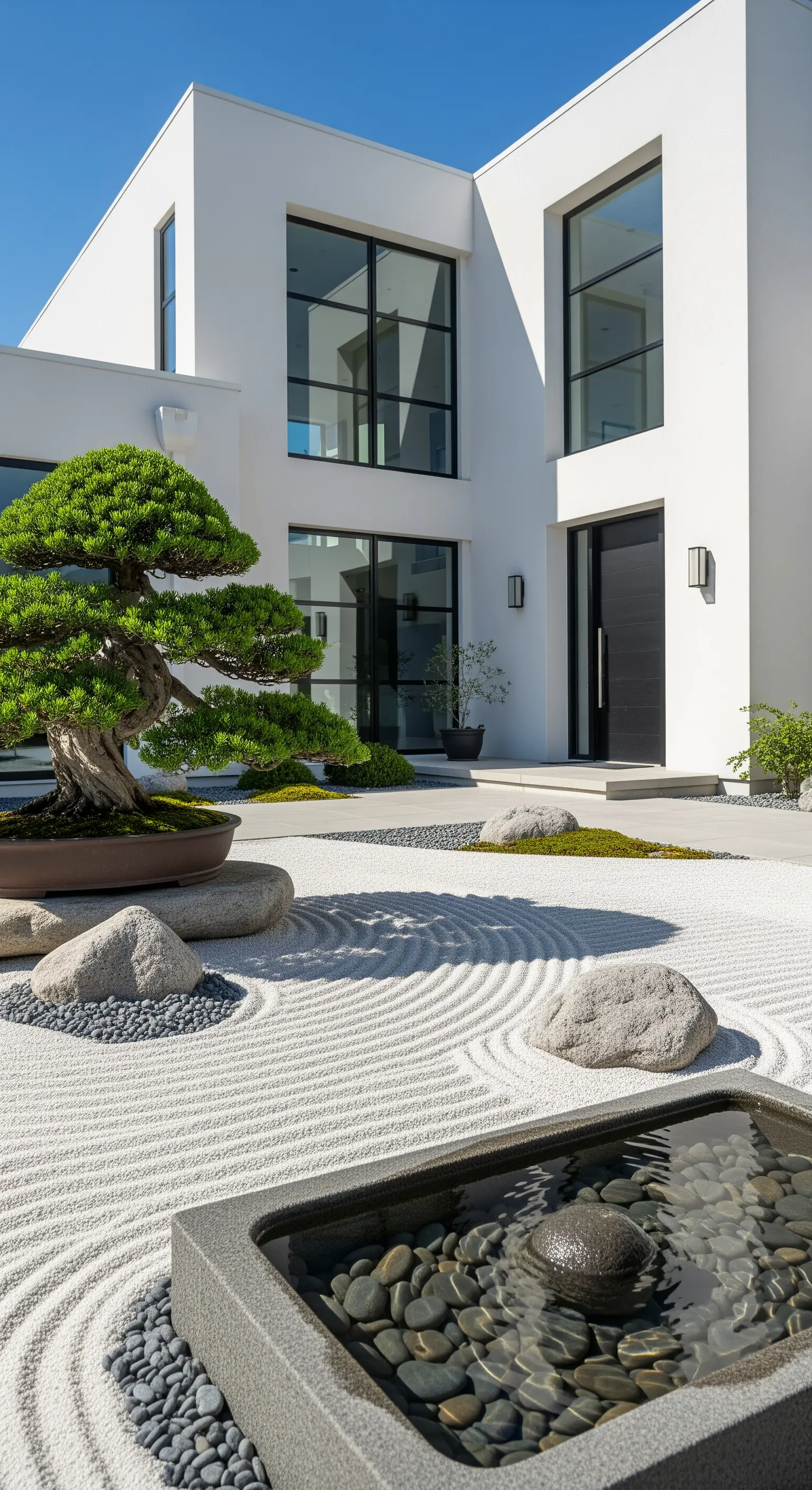 Zen-Garten mit rauchglasbedecktem Kies, Natursteinen, Wasserbecken und großem Bonsai