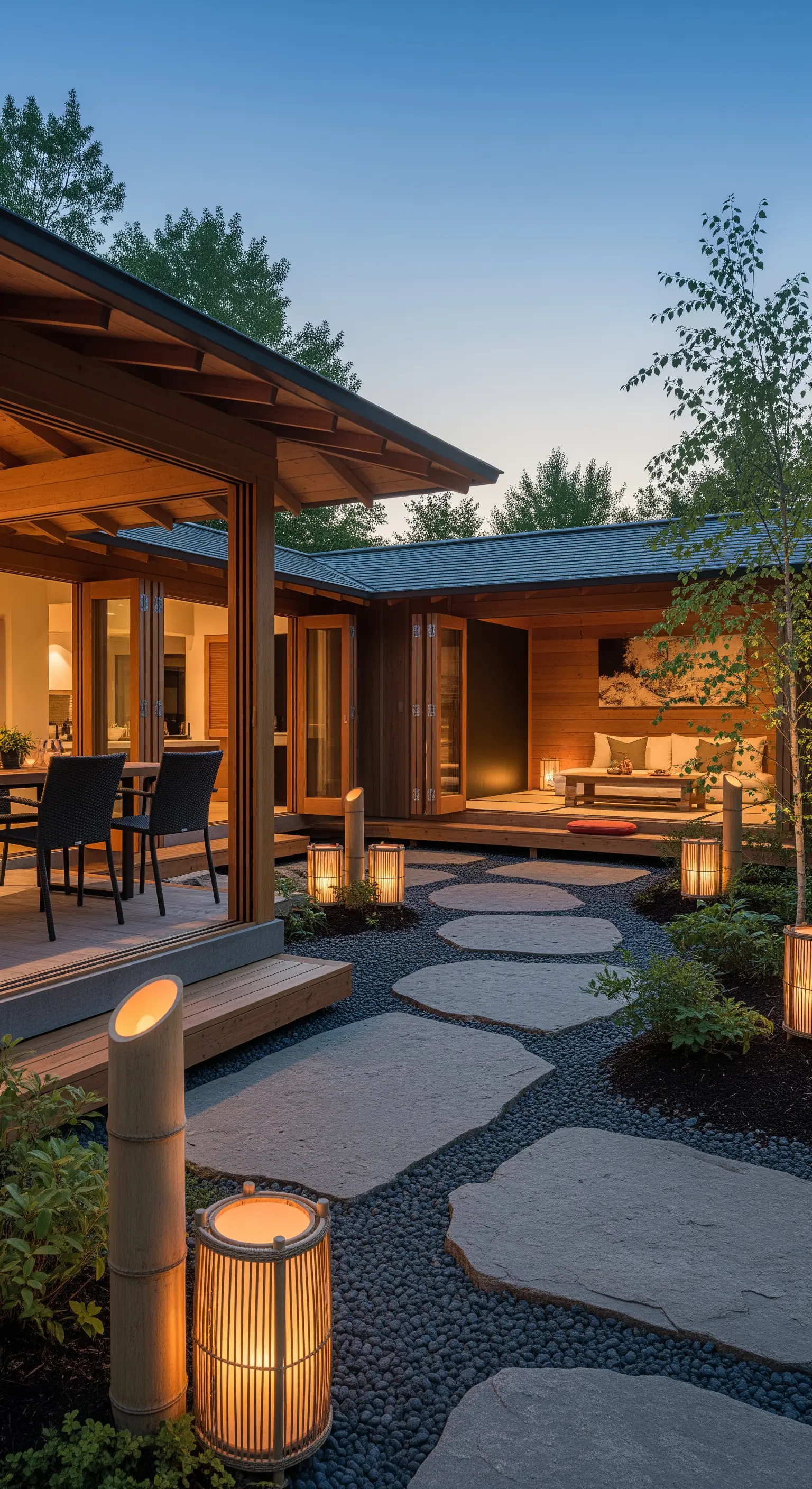 Zen-Gartenweg mit Trittsteinen, Kies und Bambuslaternen