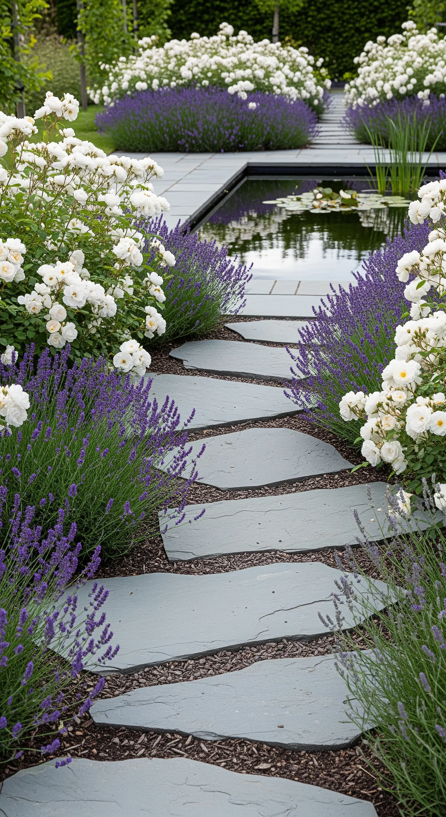 Moderner Schieferpfad am Wasser, umgeben von Lavendel und weißen Rosen
