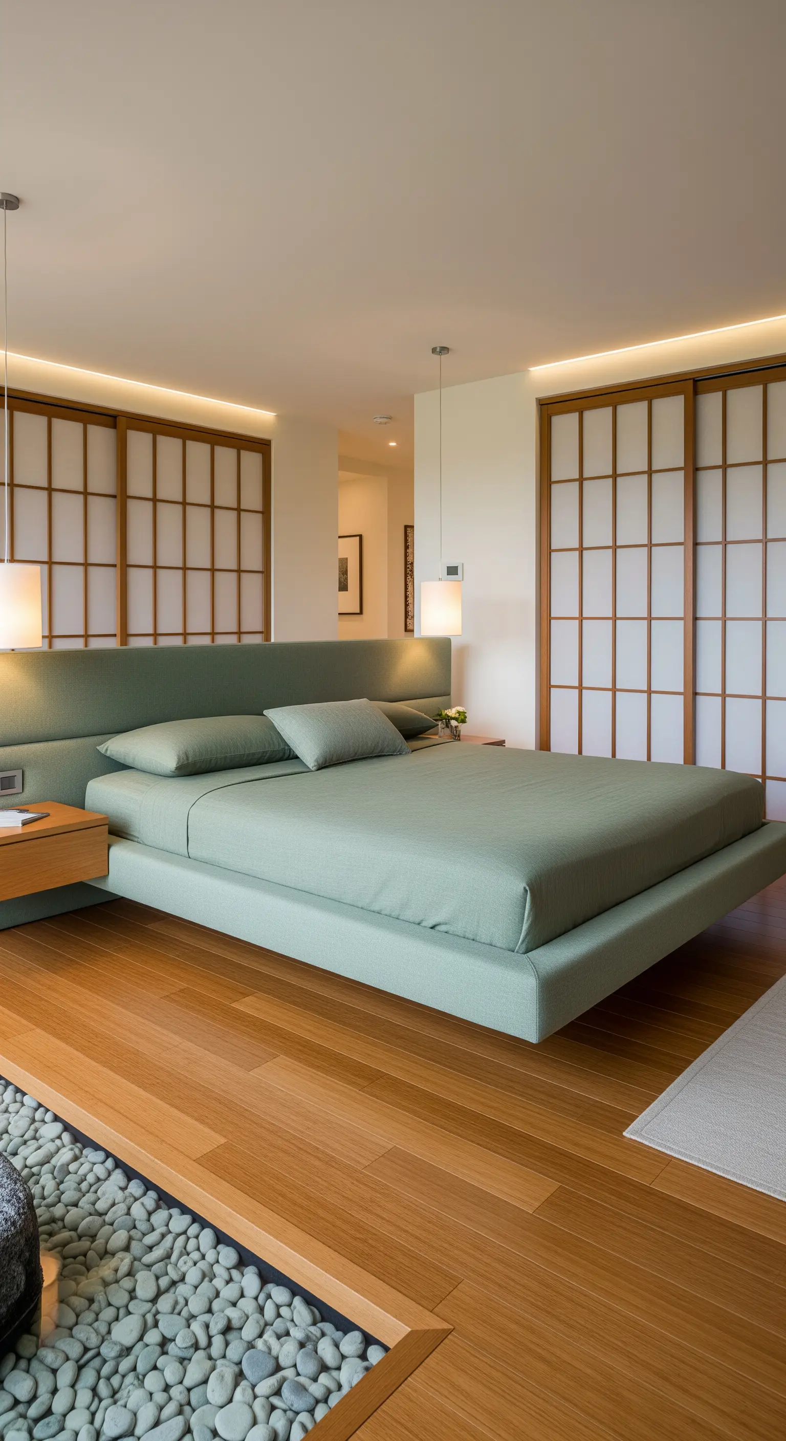 Niedriges Plattformbett in Salbeigrün mit breitem Kopfteil und Shoji-Türen