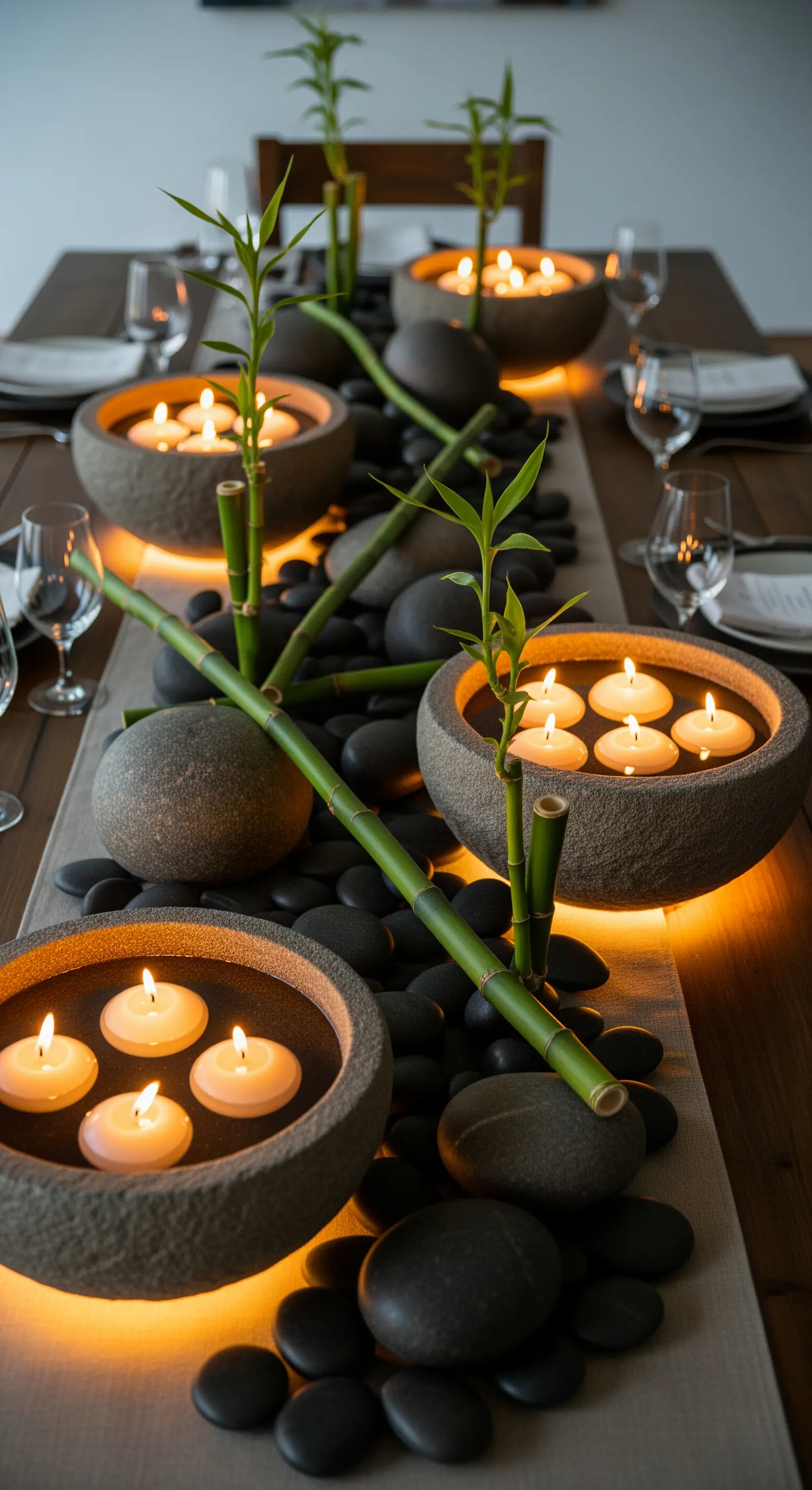 Zen-Tischdeko mit schwarzen Flusssteinen, Bambus, Steinschalen und schwimmenden Kerzen.