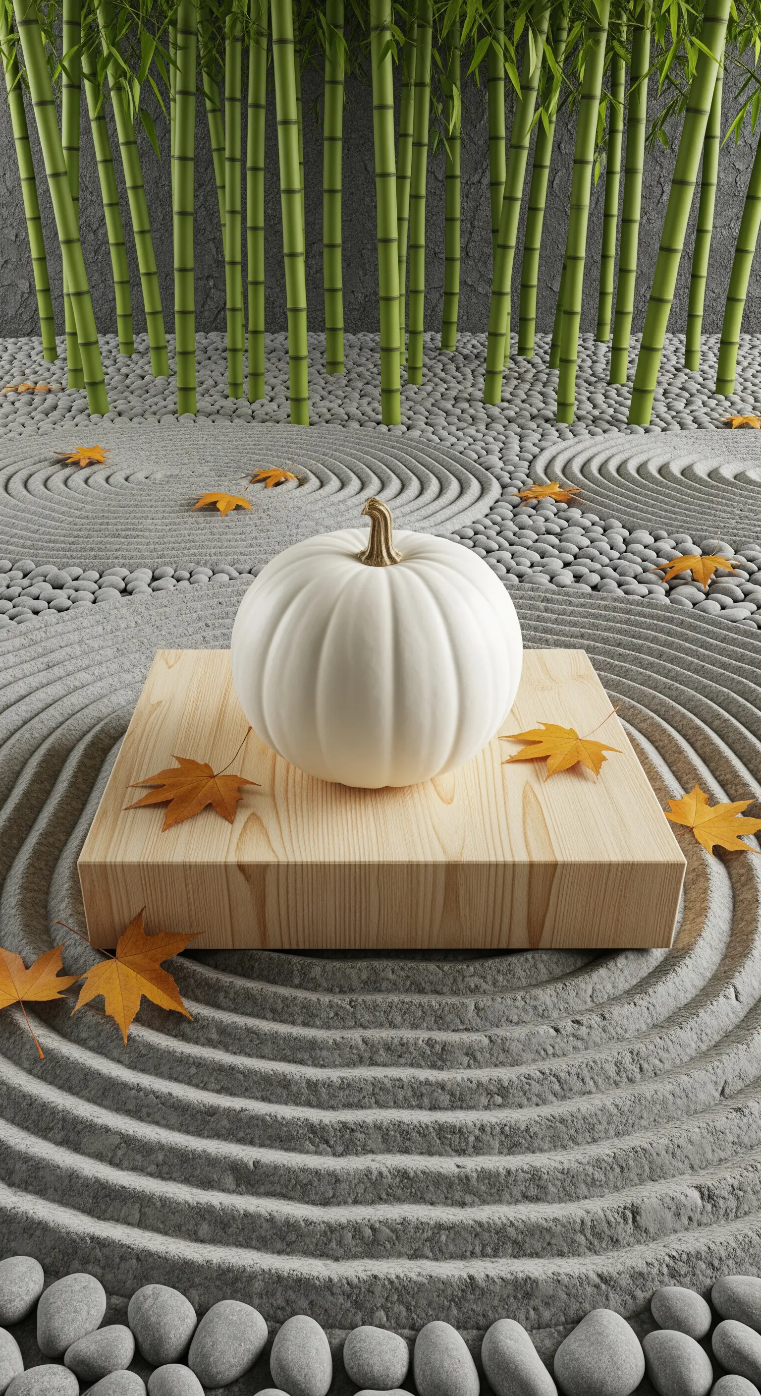 Zen-Garten mit weißem Kürbis, geharktem Kies, Bambus, Herbstblättern