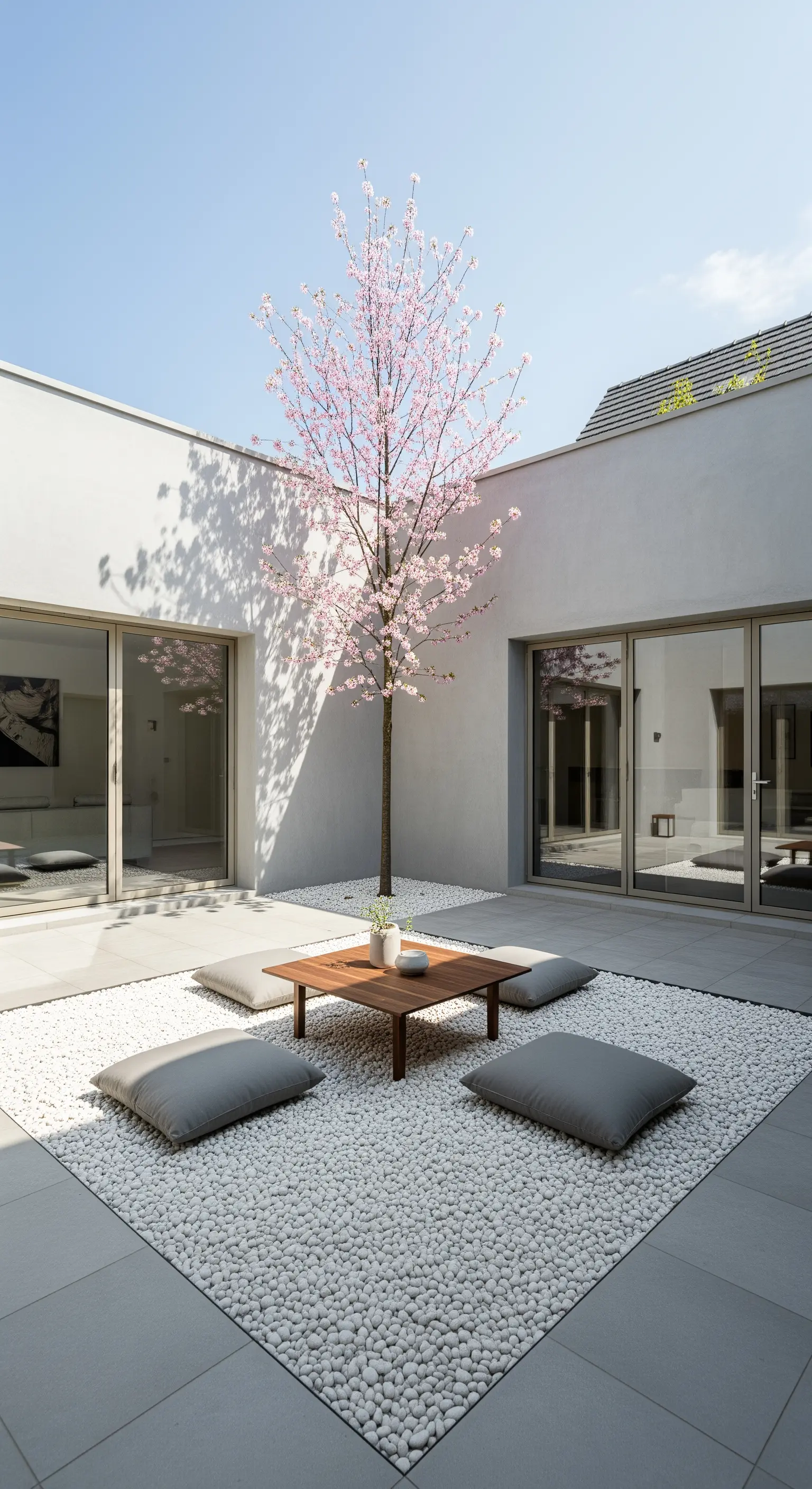 Japandi Hof mit Kirschblütenbaum und Bodenkissen