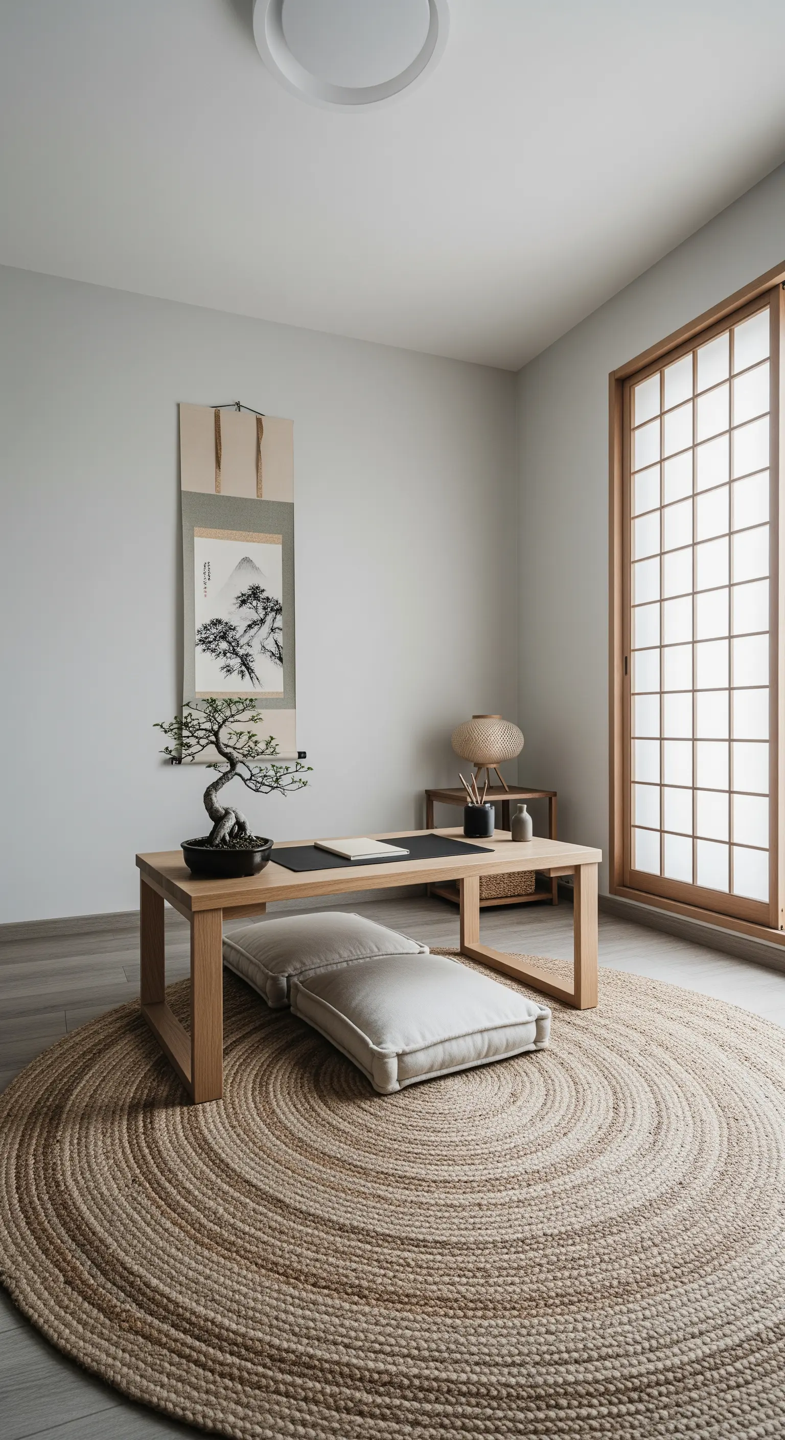 Minimalistisches Japandi-Homeoffice mit niedrigem Tisch, Bonsai und Jute-Teppich