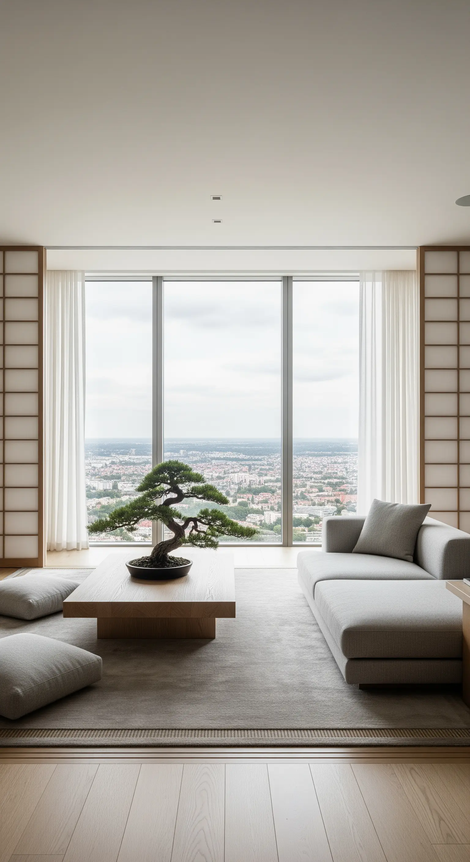 Minimalistisches Wohnzimmer im Japandi-Stil mit niedrigem Sofa und Bonsai.