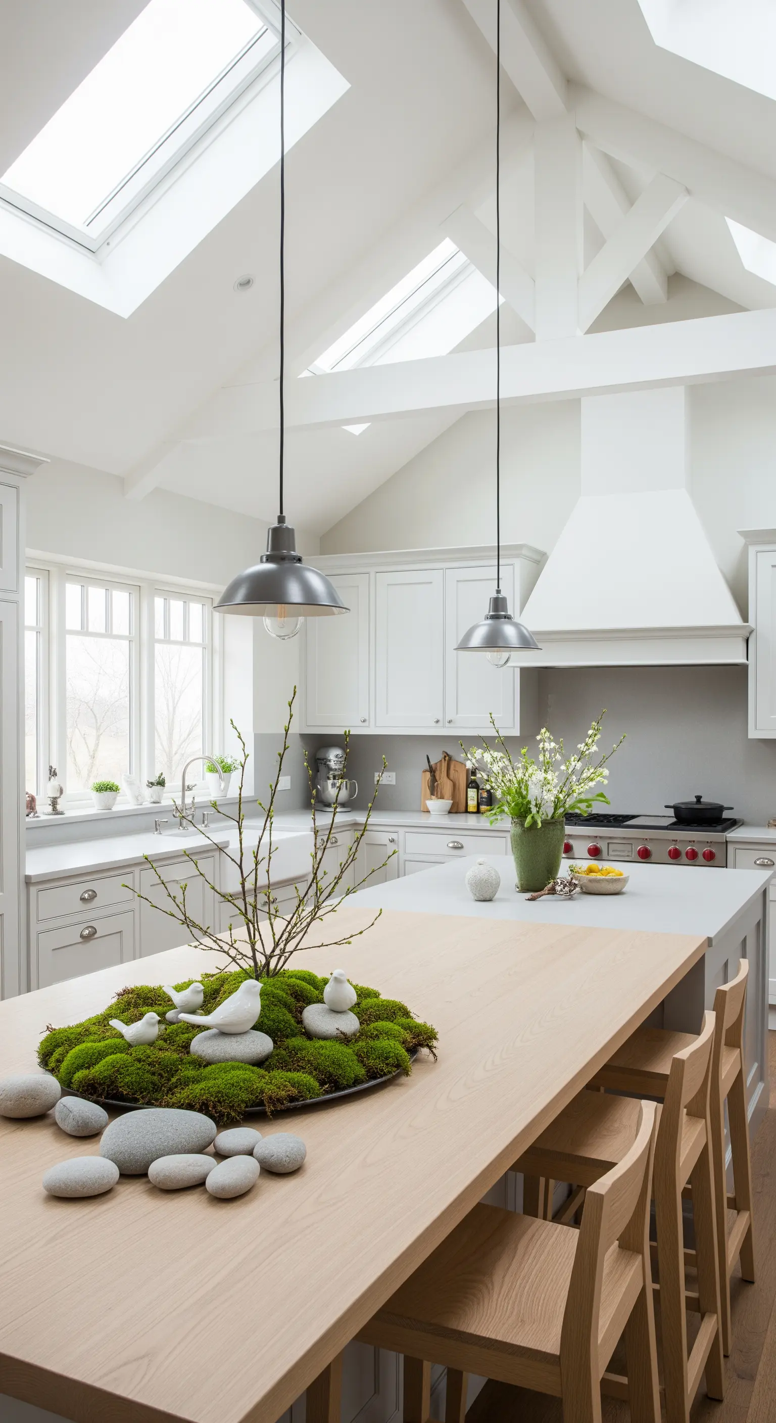 Moos-Arrangement mit Steinen und Keramikvögeln als Mittelpunkt auf Kücheninsel