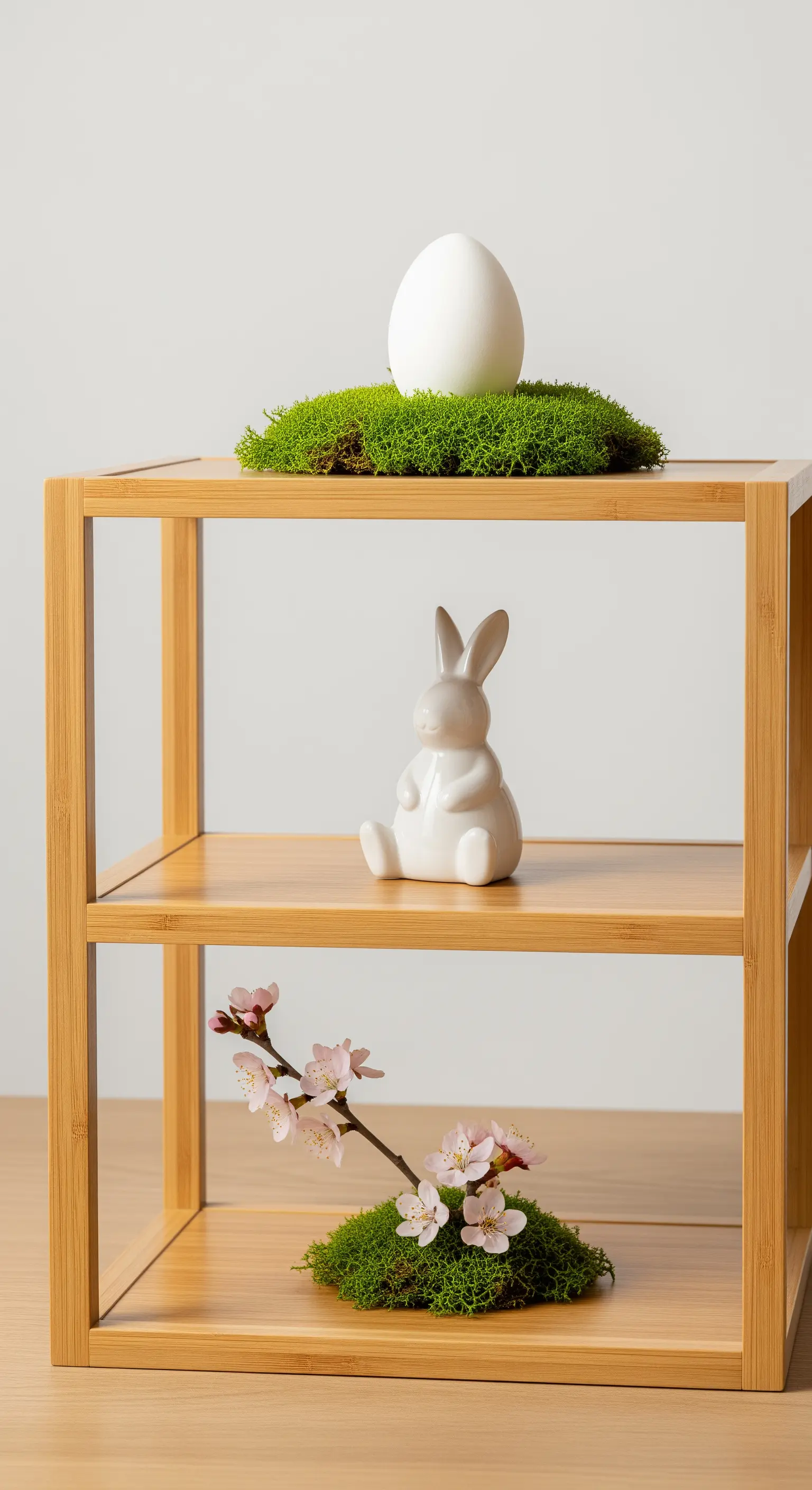 Minimalistisches Bambus-Regal mit Moos, Keramikhase und Kirschblütenzweig