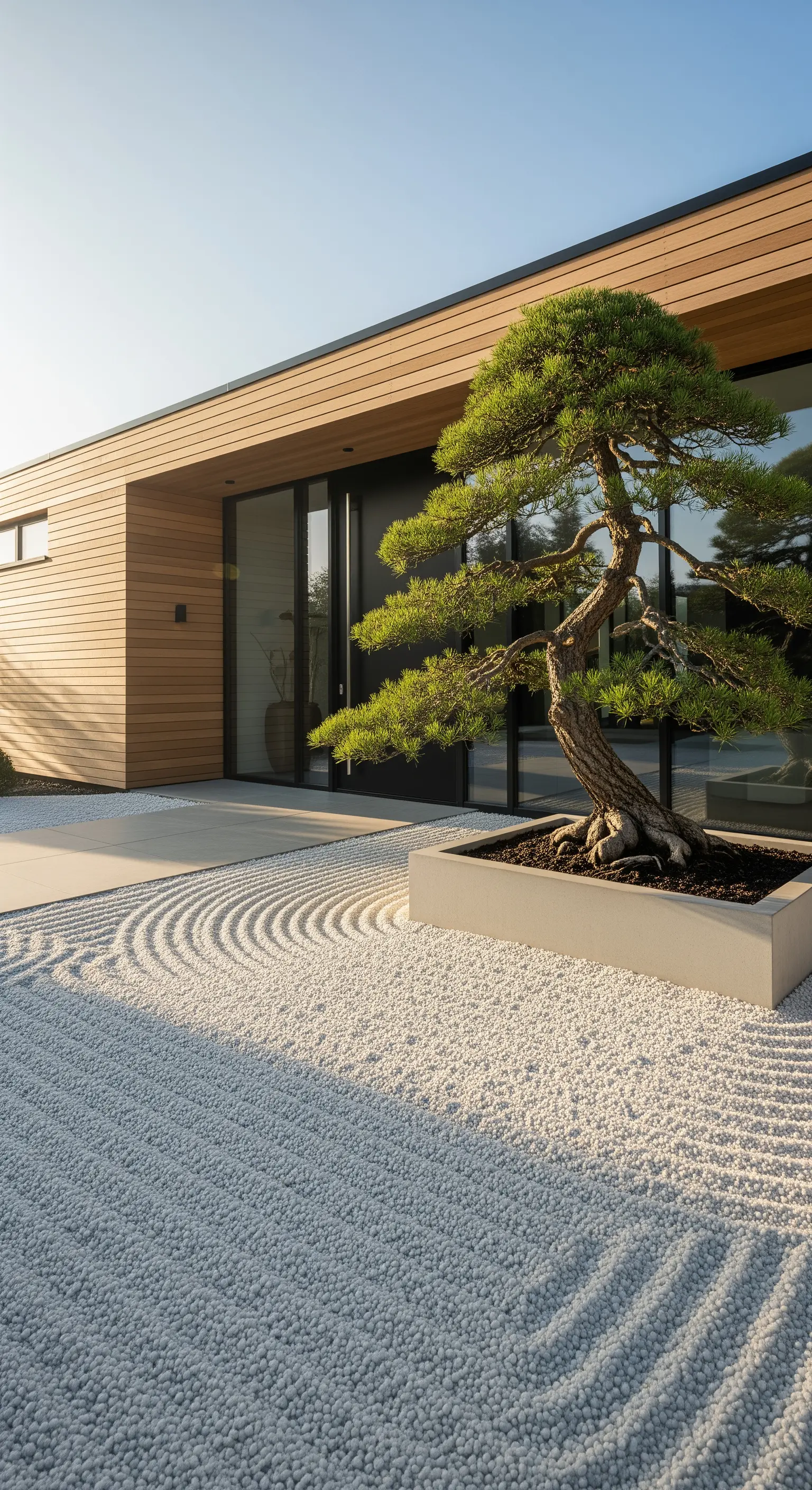 Minimalistischer Japandi-Eingang mit rauchglasbedecktem Kies und imposantem Bonsai