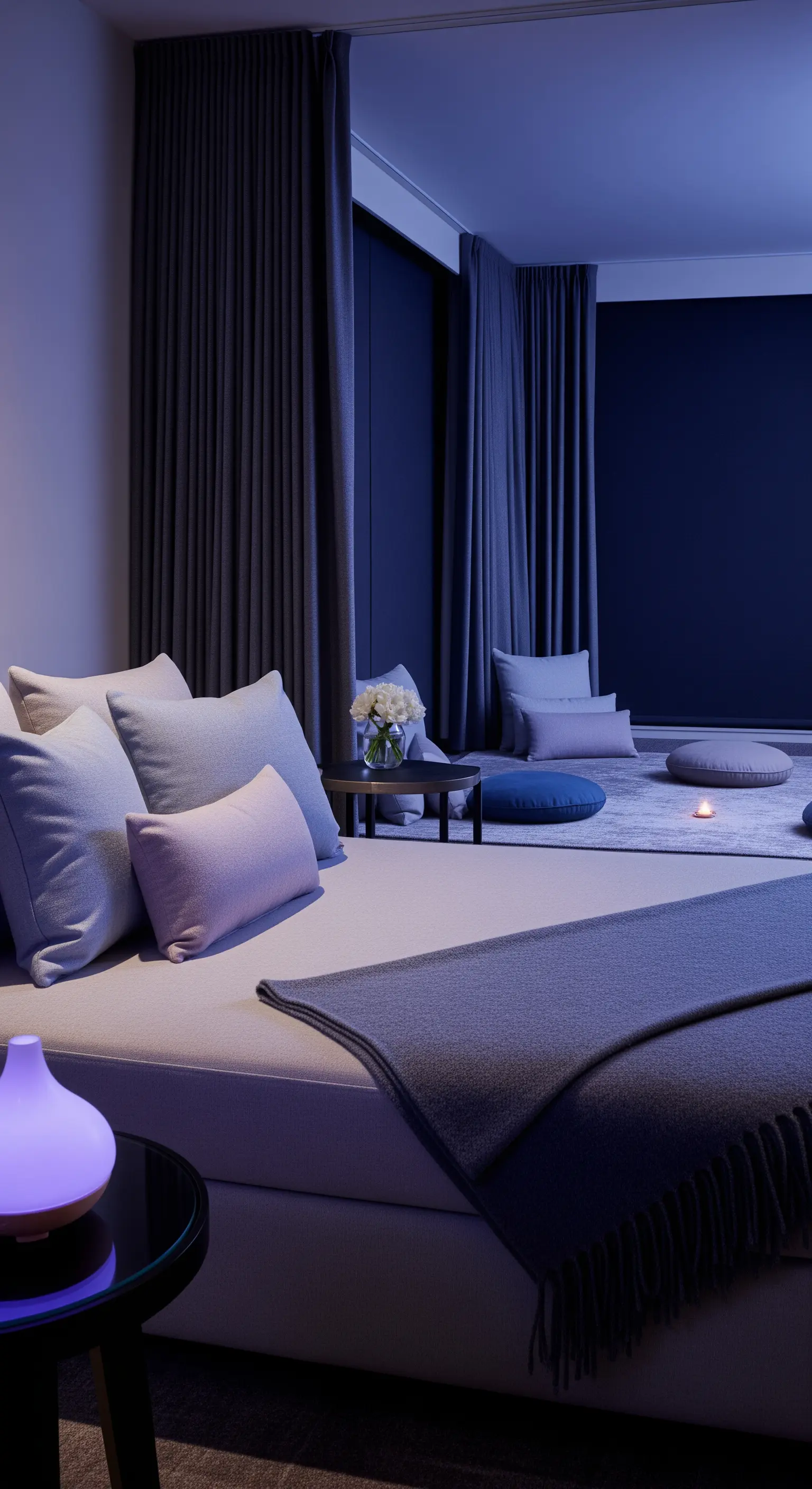 Meditativer Ruheraum mit bodentiefen Polstern, Kissen und sanfter Beleuchtung.