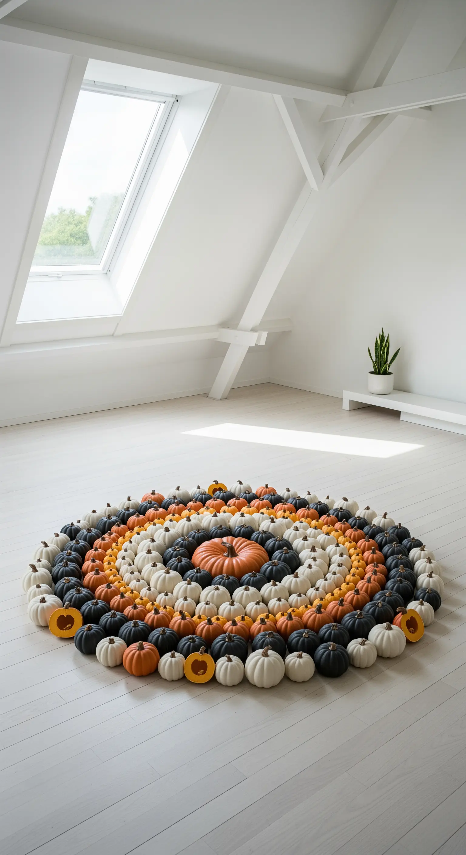 Dachgeschossraum mit großem Mandala aus kleinen Keramikkürbissen in Orange, Weiß und Schwarz auf dem Boden.