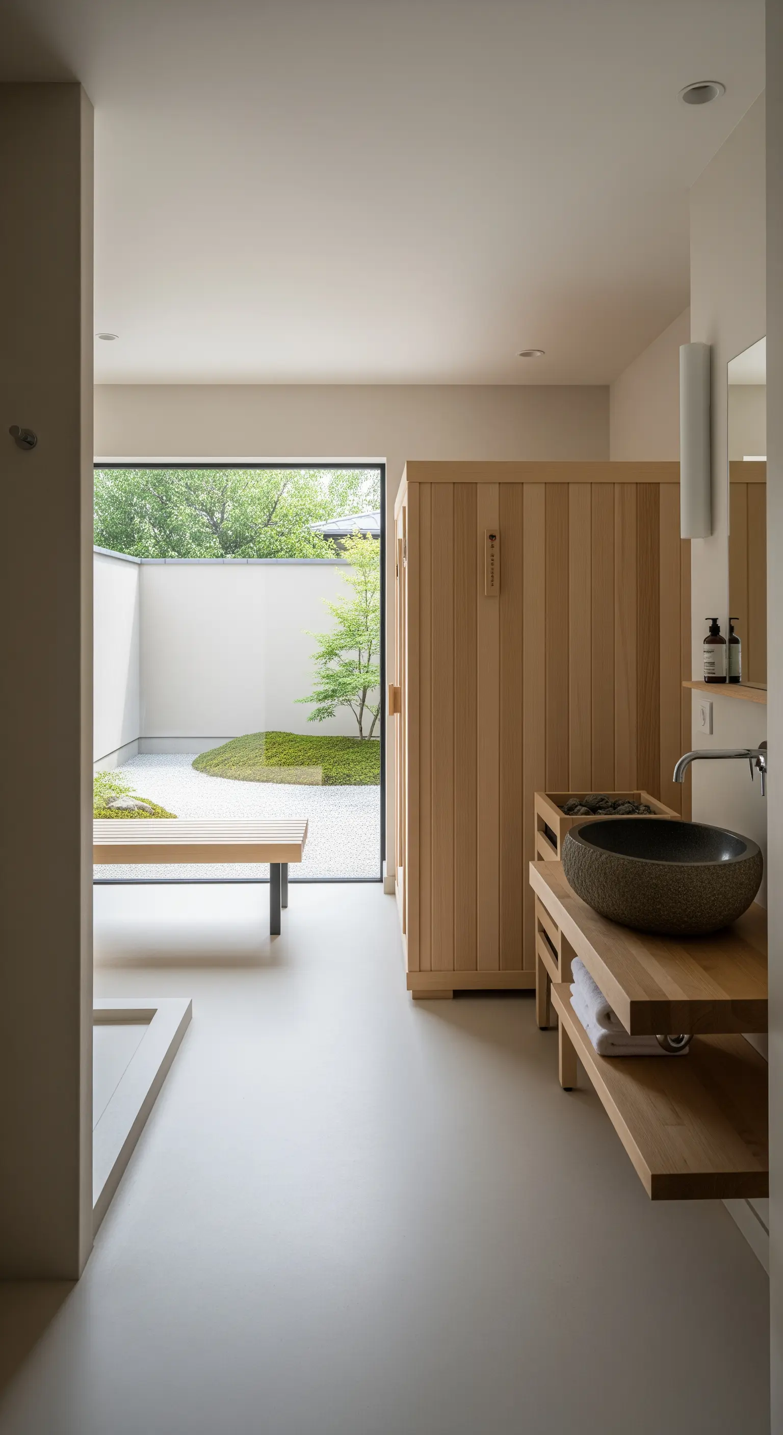 Minimalistisches Badezimmer mit Sauna und Blick auf einen Zen-Garten.