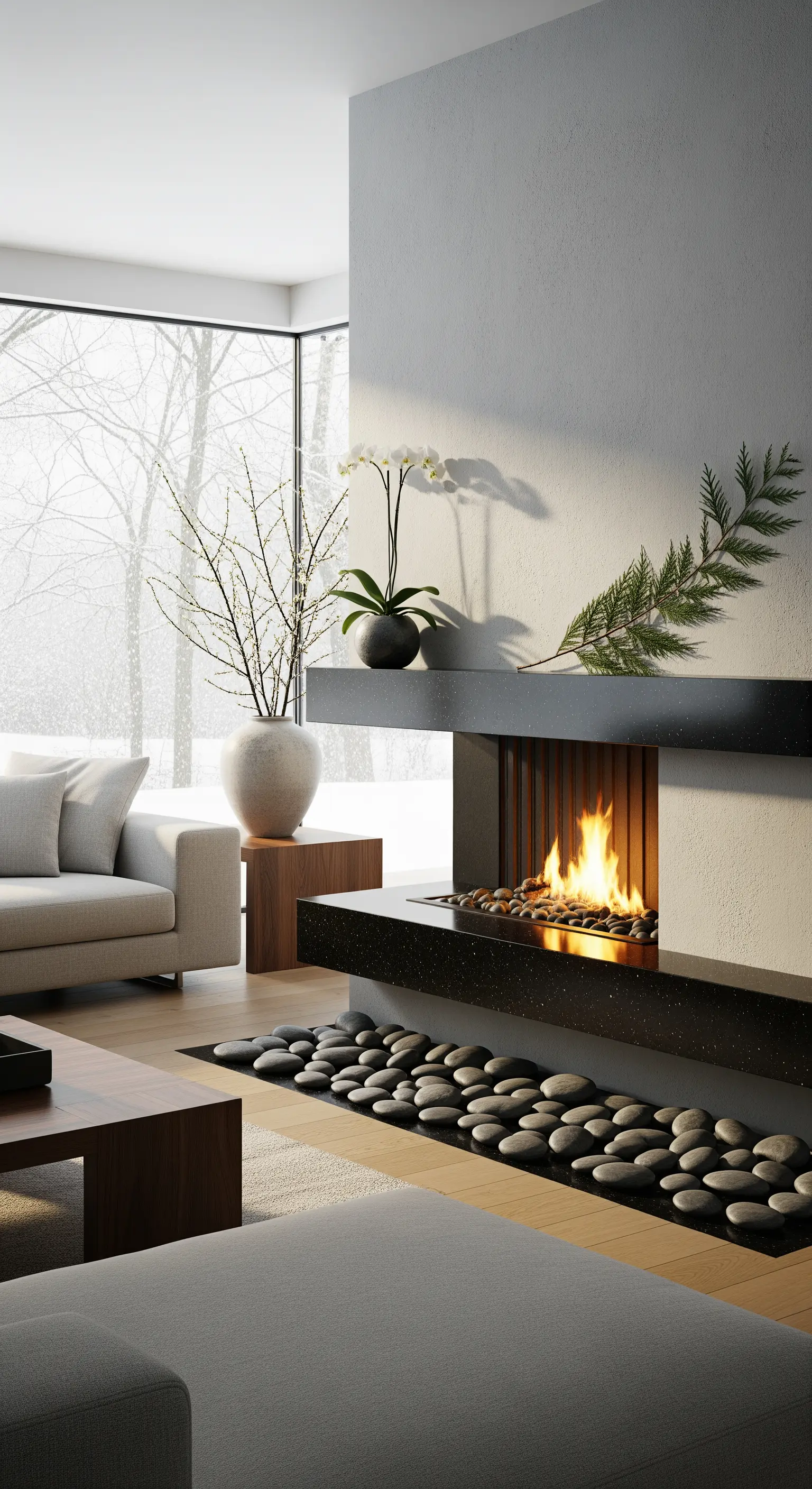 Minimalistischer Kamin mit dunklem Stein, Zweigen, Orchidee und Kieselsteinen