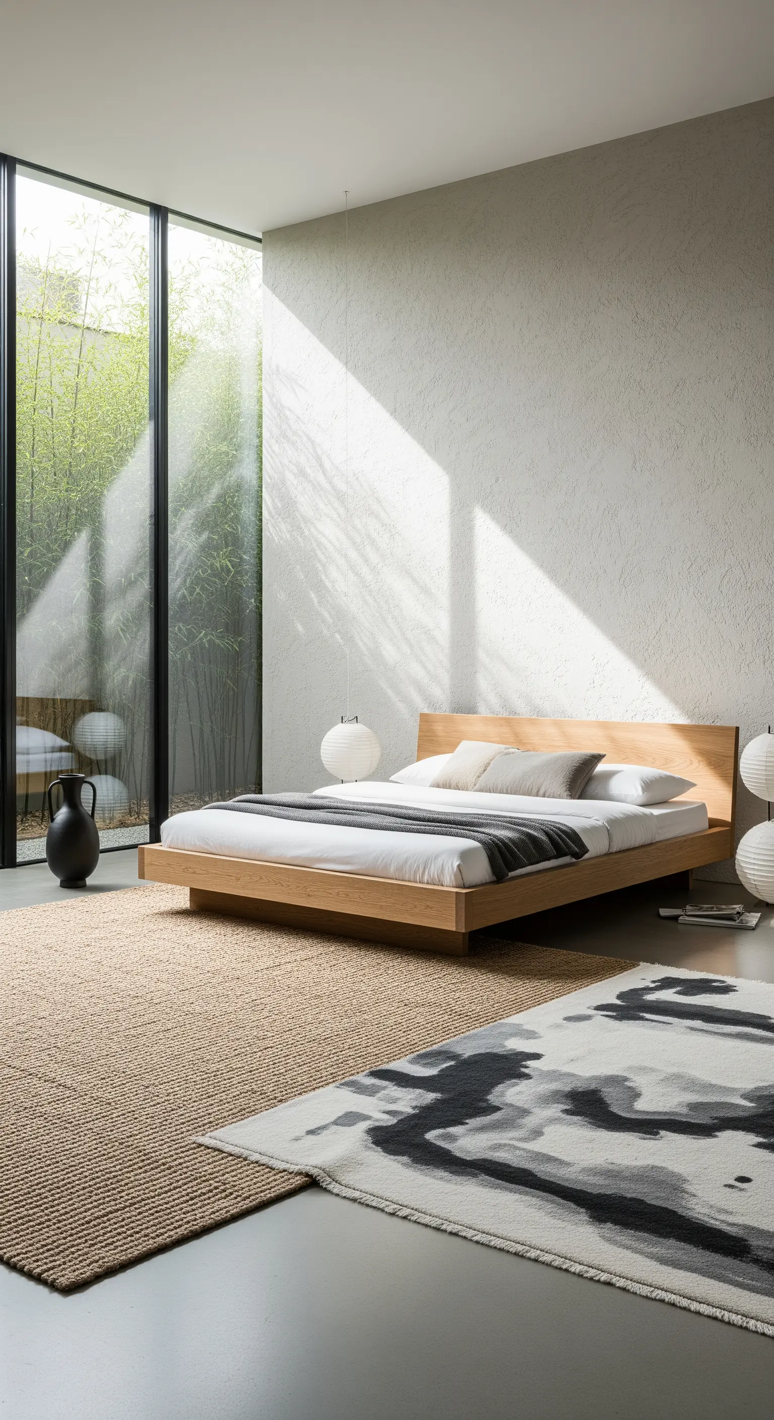 Minimalistisches Japandi-Schlafzimmer mit einem Jute-Teppich unter einem abstrakten Kunst-Teppich