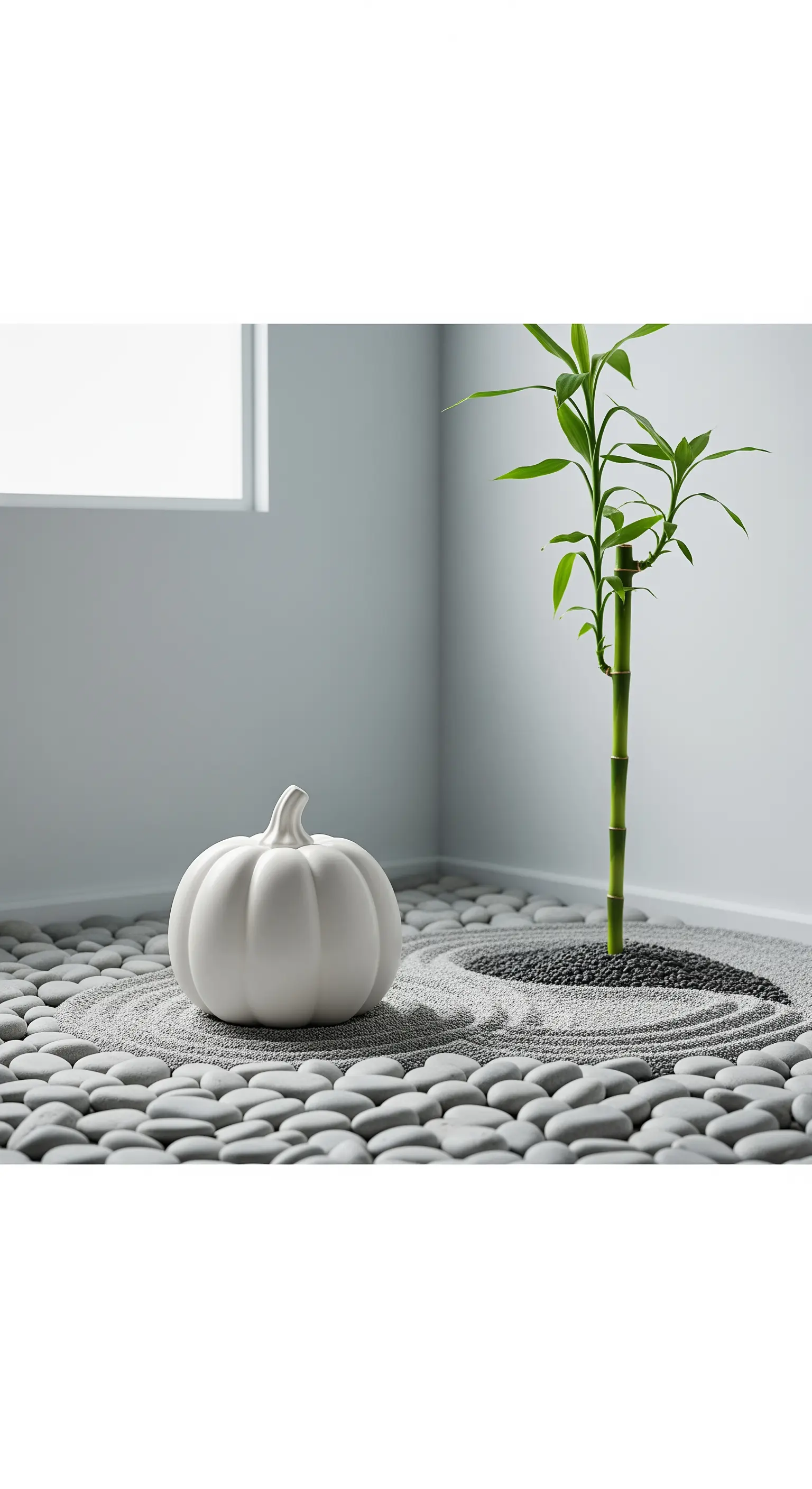 Minimalistischer Raum mit weißem Keramikkürbis auf Zen-Garten aus Kieselsteinen und Bambuspflanze.