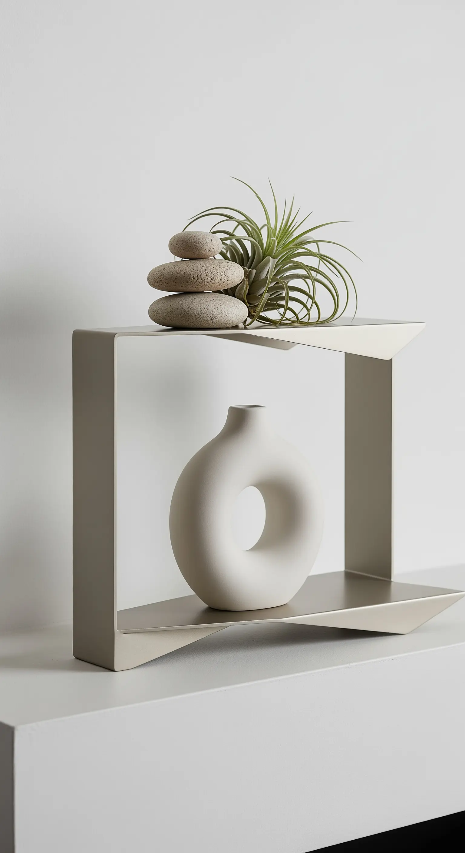 Asymmetrische, minimalistische Etagere in Greige, dekoriert mit einer runden Vase und einer Luftpflanze.