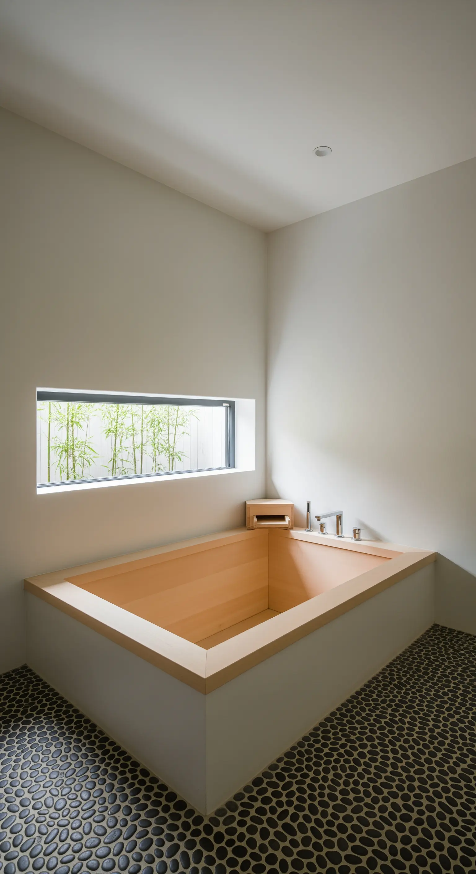 Japanisch inspiriertes Bad mit quadratischer Holzbadewanne und Kieselsteinboden.