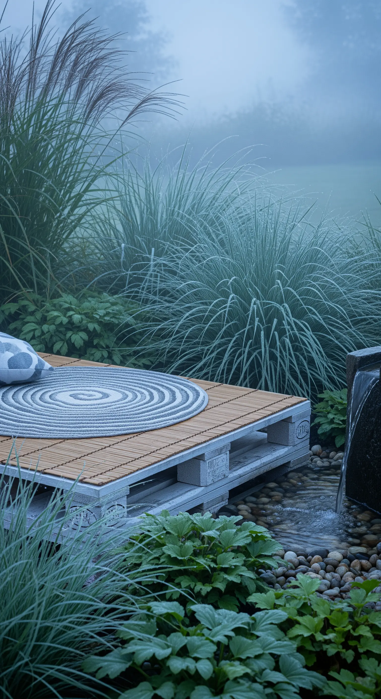 Graues Paletten-Daybed mit Bambusmatte, rundem Teppich, umgeben von Ziergräsern und Wasserspiel.