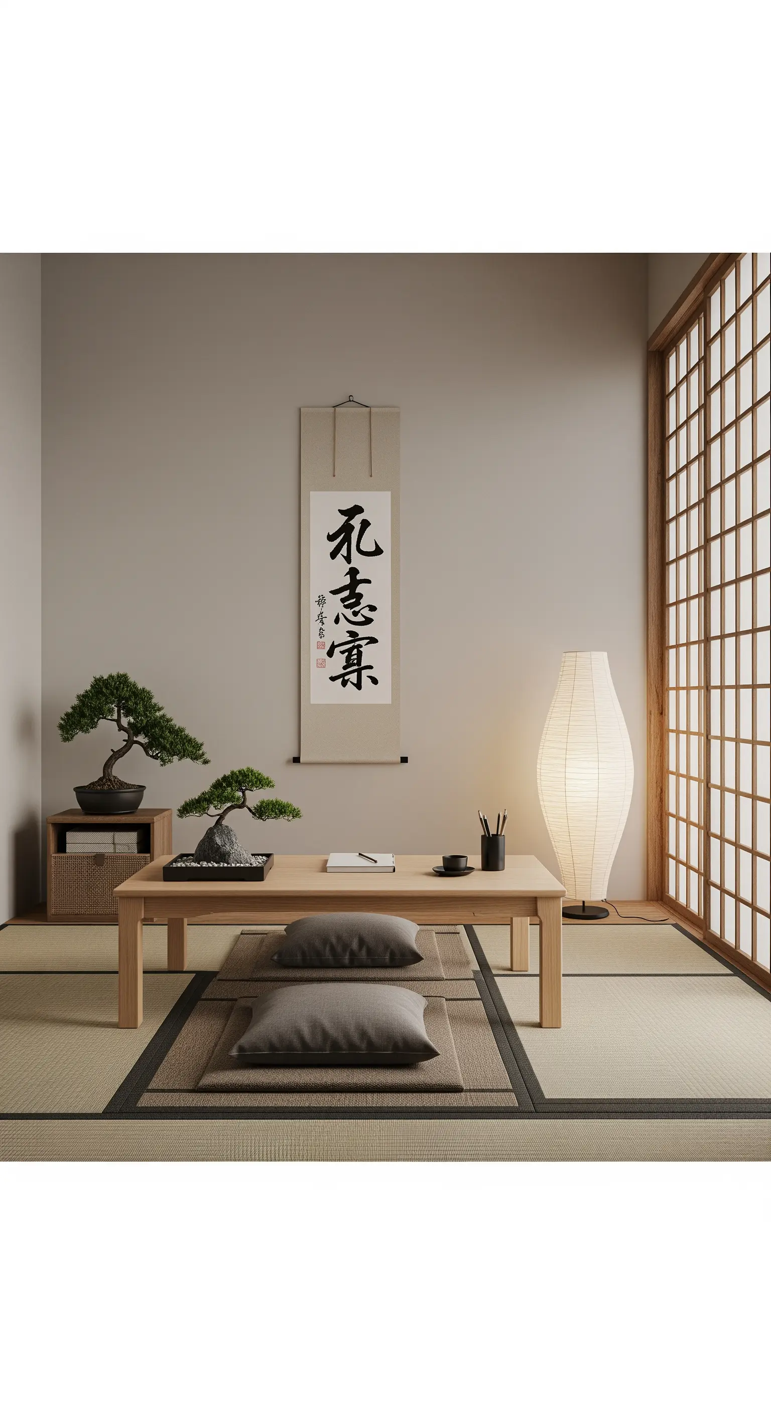 Minimalistischer Japandi-Arbeitsplatz mit niedrigem Tisch, Bodenkissen und Bonsai.
