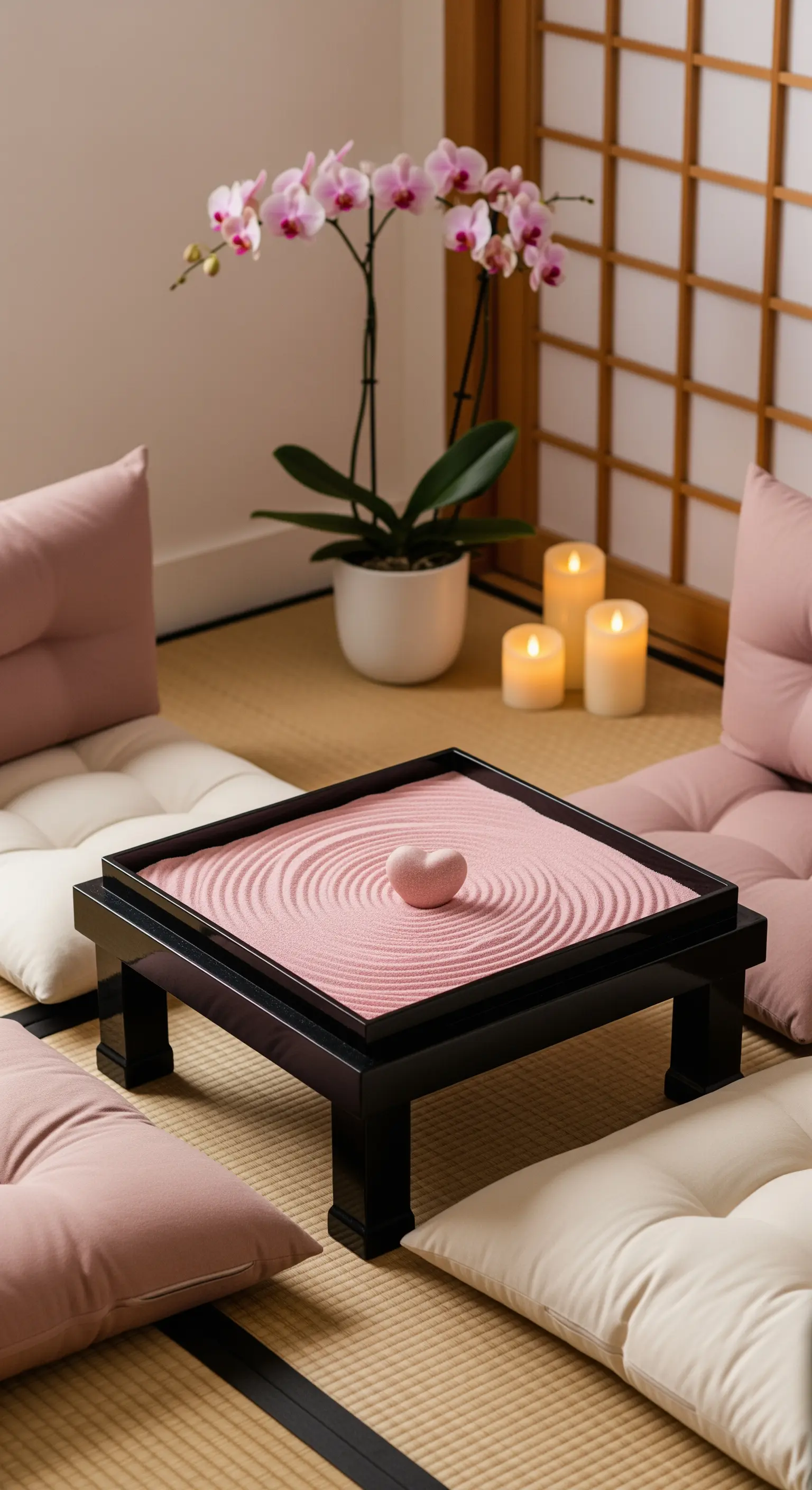 Japanisch inspirierte Sitzecke mit Bodenkissen und einem Mini-Zen-Garten mit rosa Sand.
