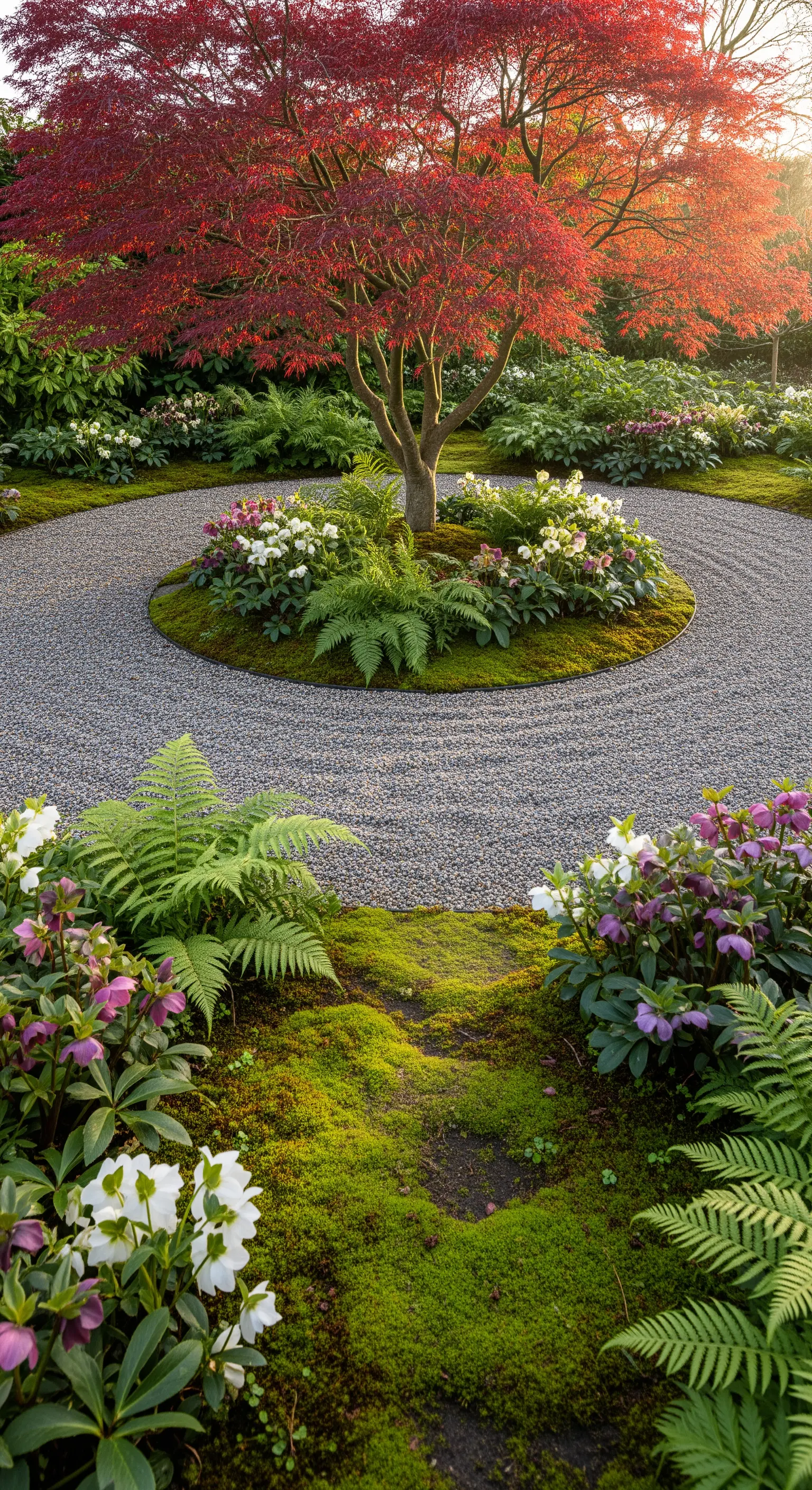 Kieskreis mit Rakenmuster, Japanischem Ahorn, Farnen und Moos