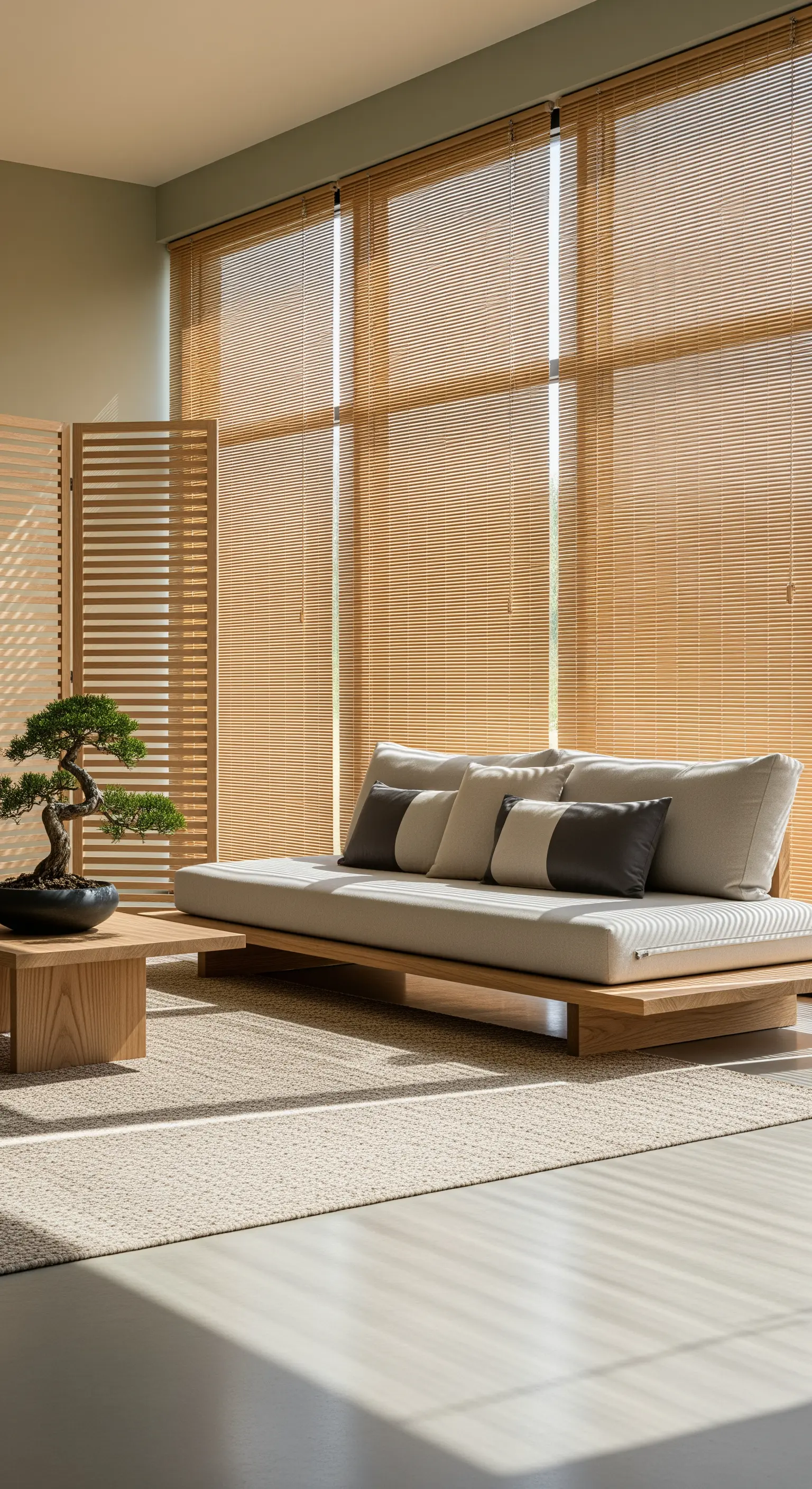 Bambusjalousien, niedriges Tagesbett, Bonsai auf Holztisch