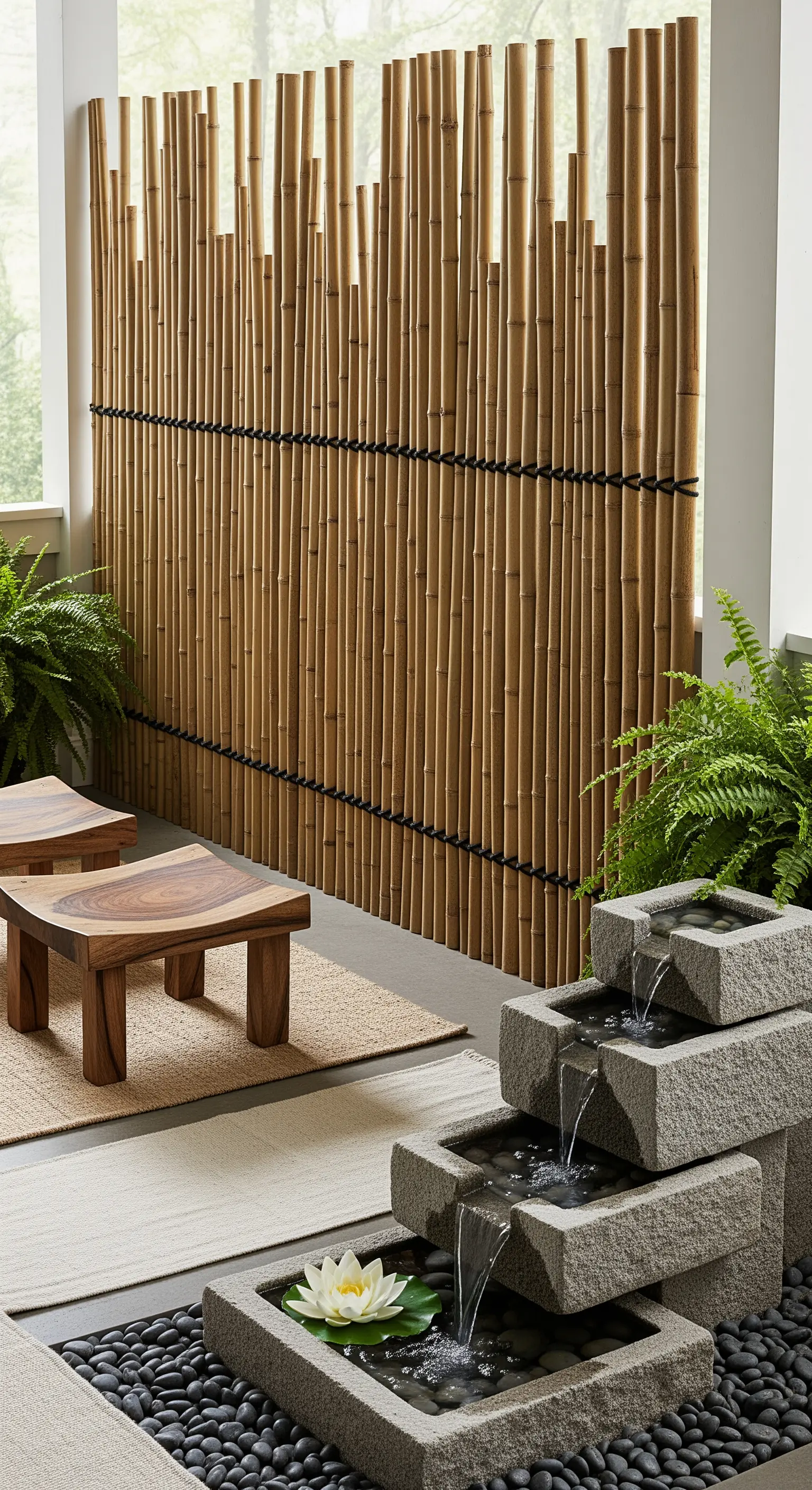 Zen-Veranda mit Bambuswand, Stein-Wasserspiel, Kieselsteinen und Holzhockern